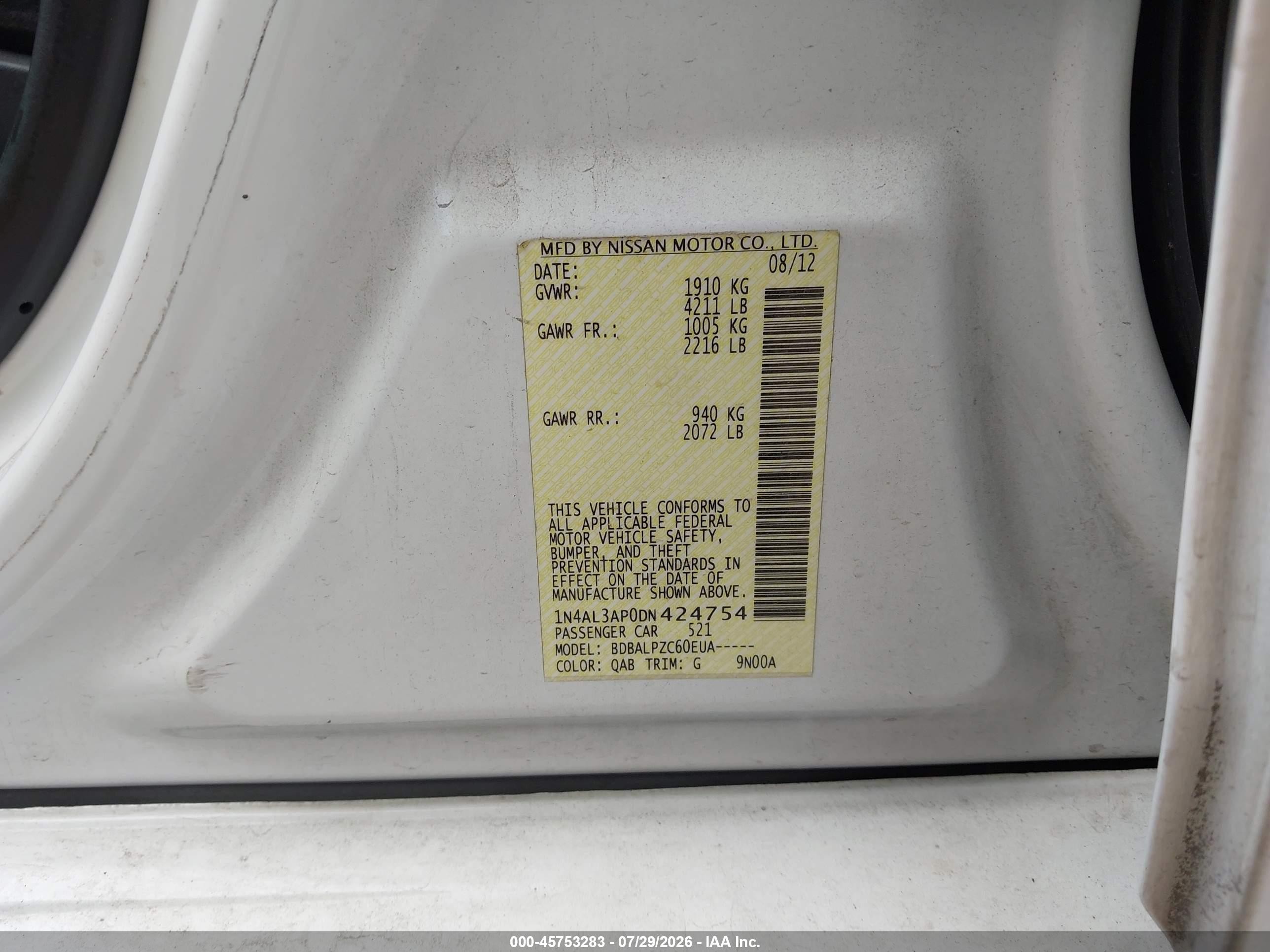 2013 Nissan Altima 2.5 White vin: 1N4AL3AP0DN424754