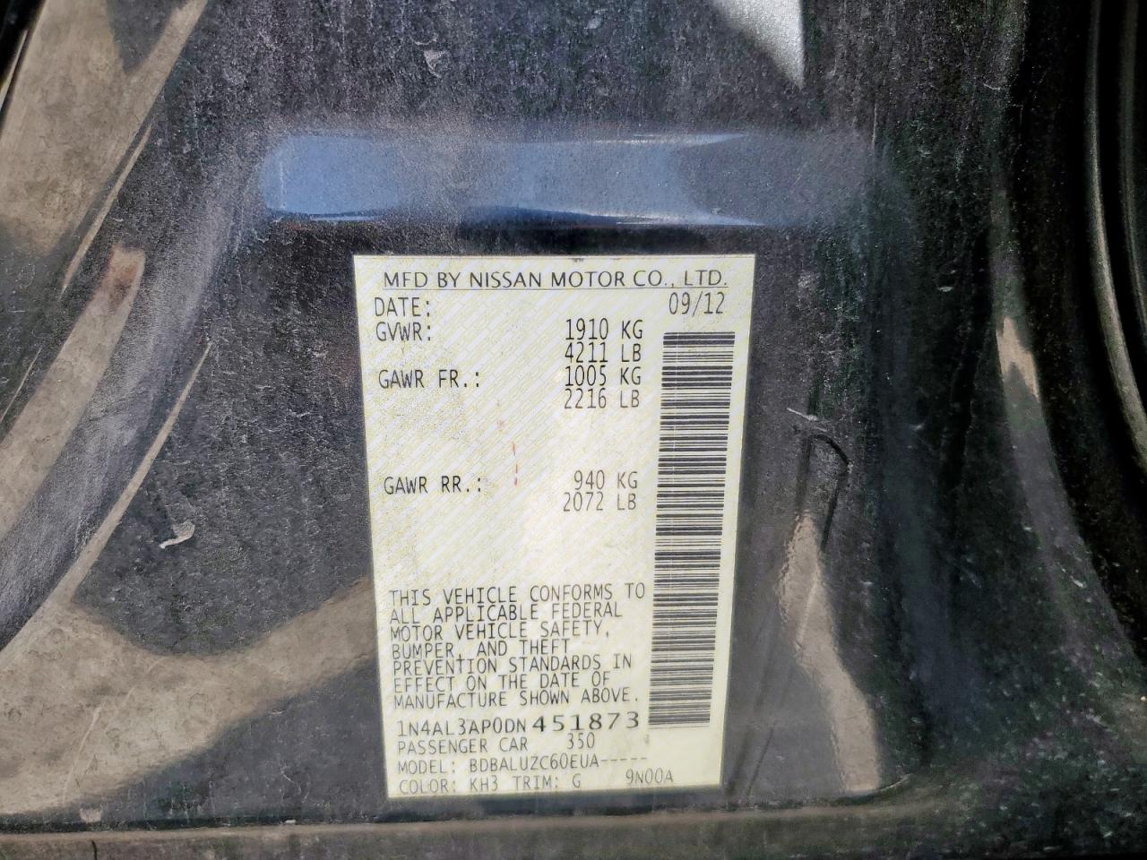 2013 Nissan Altima 2.5 Black vin: 1N4AL3AP0DN451873