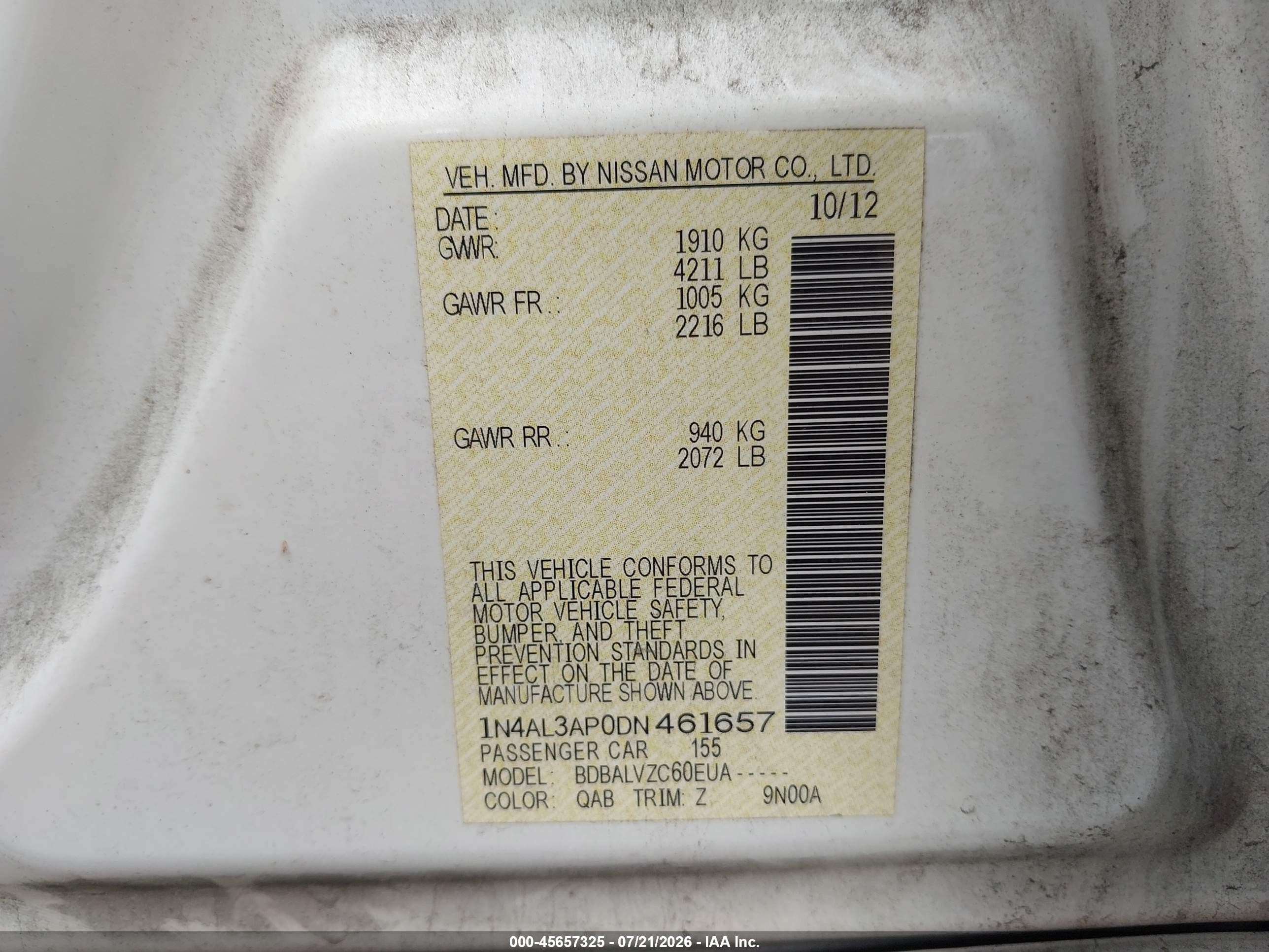 2013 Nissan Altima 2.5 Sl White vin: 1N4AL3AP0DN461657