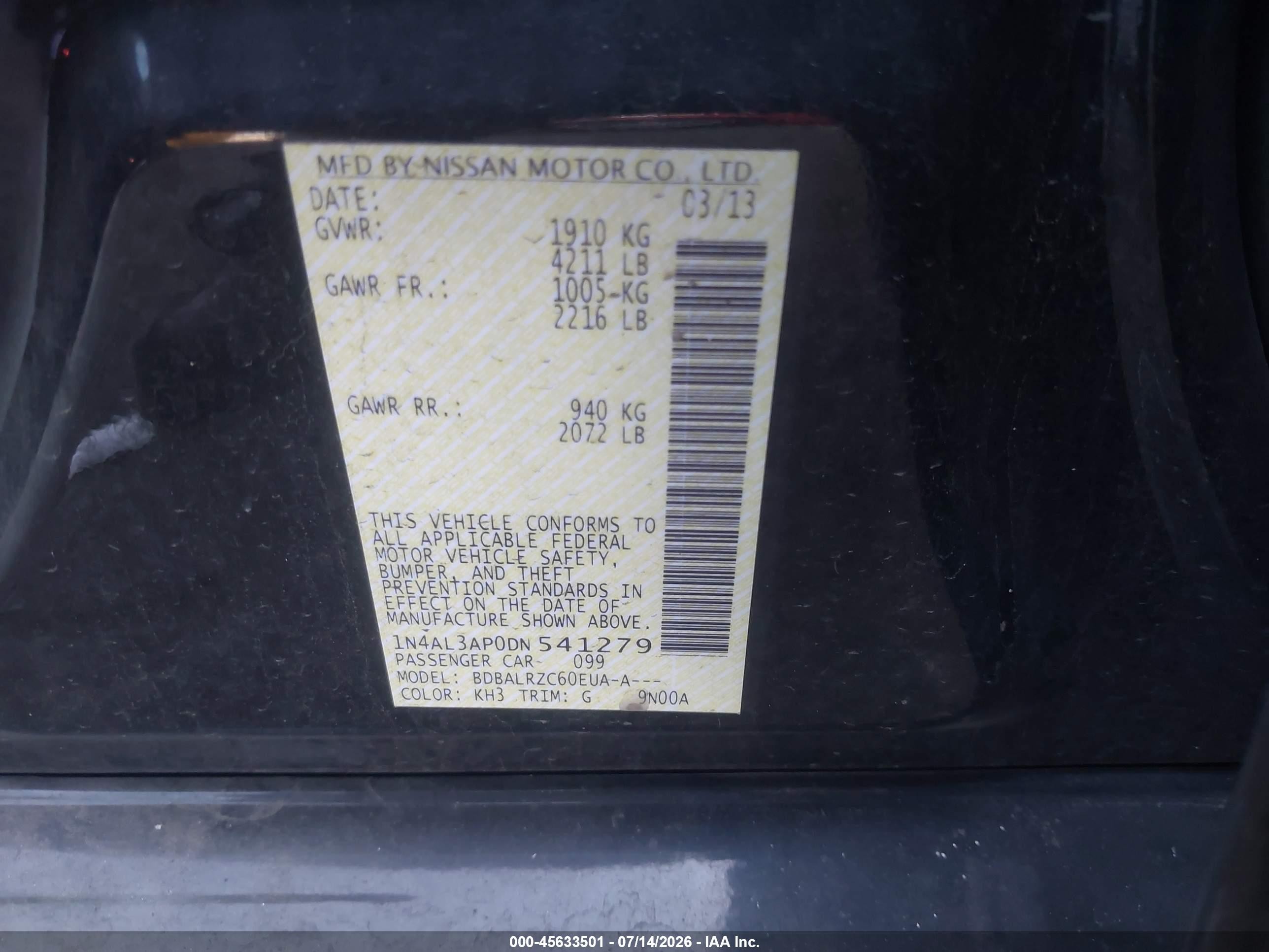 2013 Nissan Altima 2.5 S Black vin: 1N4AL3AP0DN541279