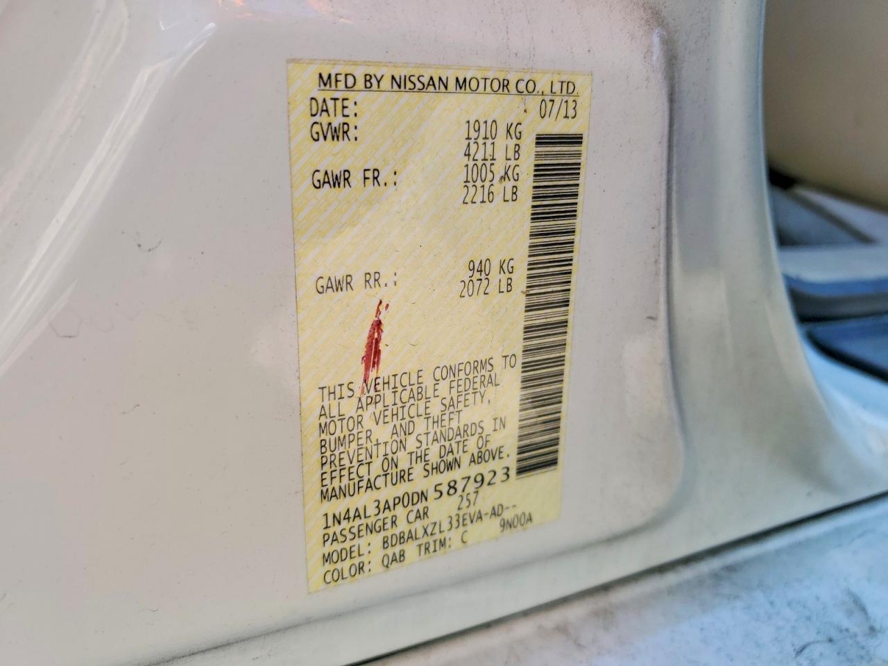 2013 Nissan Altima 2.5 White vin: 1N4AL3AP0DN587923