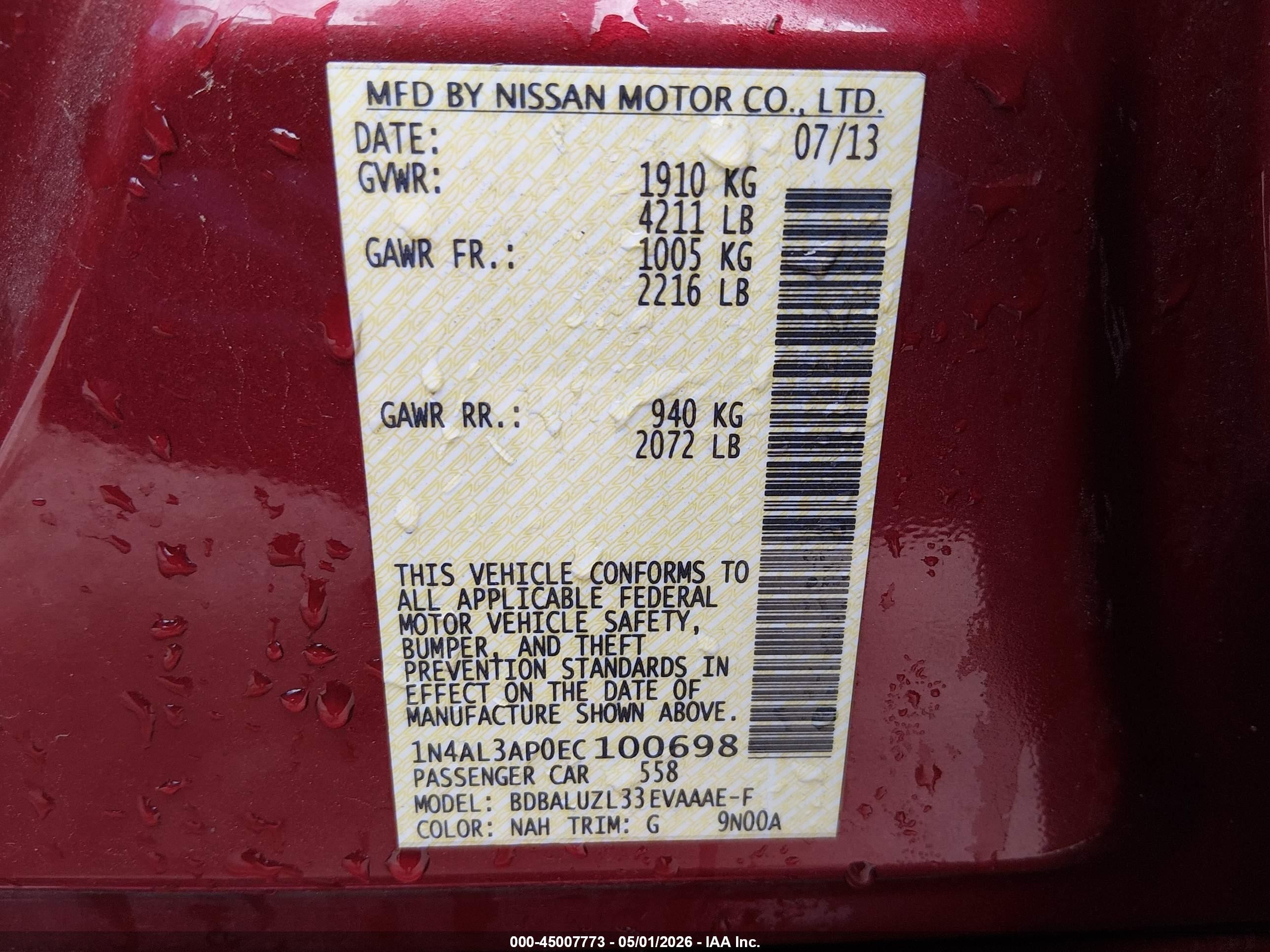 2014 Nissan Altima 2.5 Sv Red vin: 1N4AL3AP0EC100698