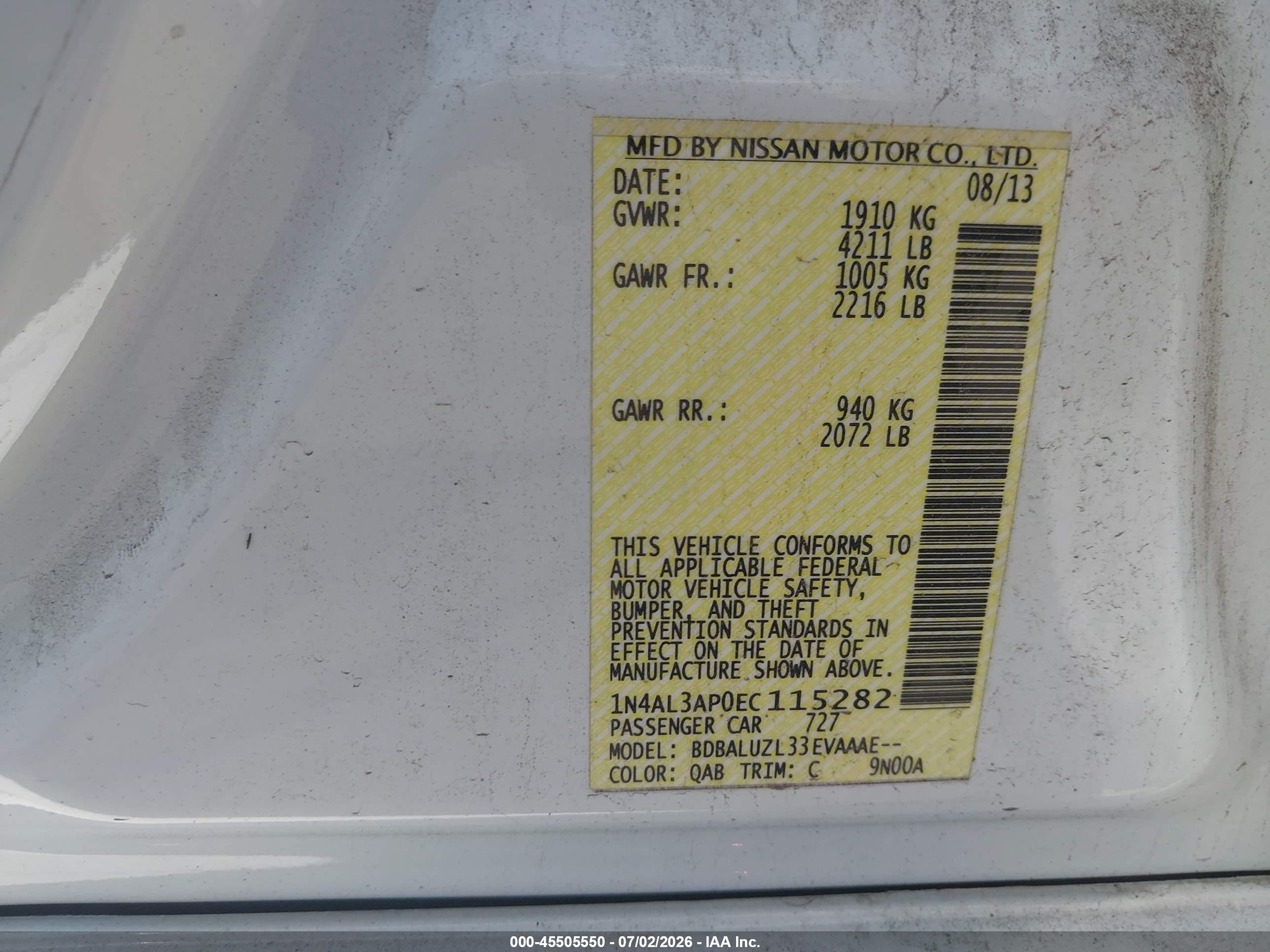 2014 Nissan Altima 2.5 Sv White vin: 1N4AL3AP0EC115282