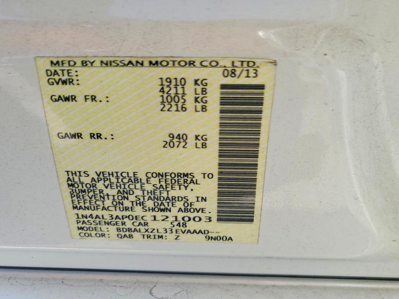 2014 Nissan Altima 2.5 Sl White vin: 1N4AL3AP0EC121003