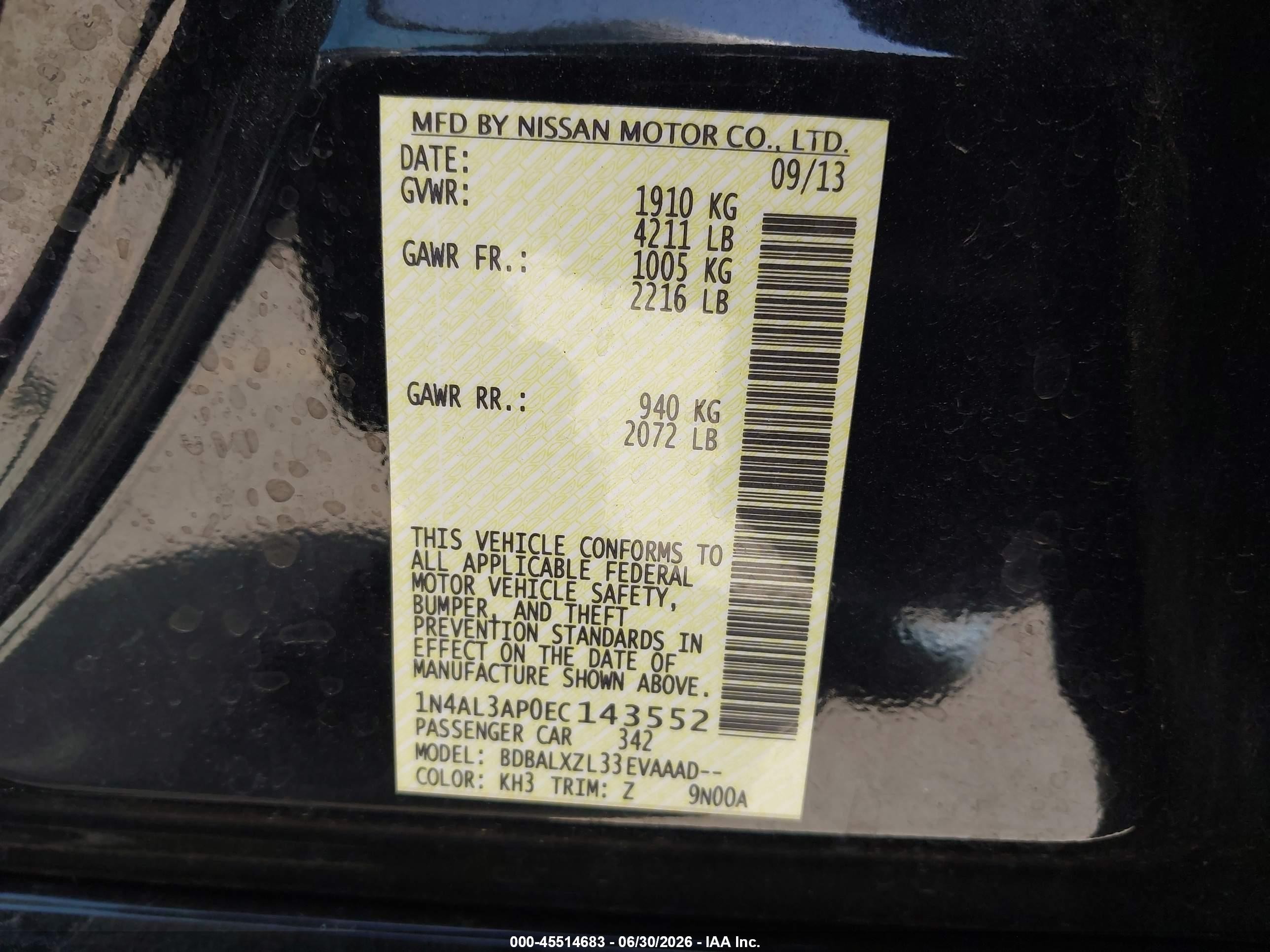2014 Nissan Altima 2.5 Sl Black vin: 1N4AL3AP0EC143552