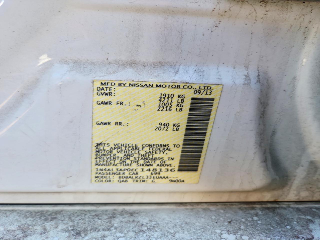 2014 Nissan Altima 2.5 S White vin: 1N4AL3AP0EC148136