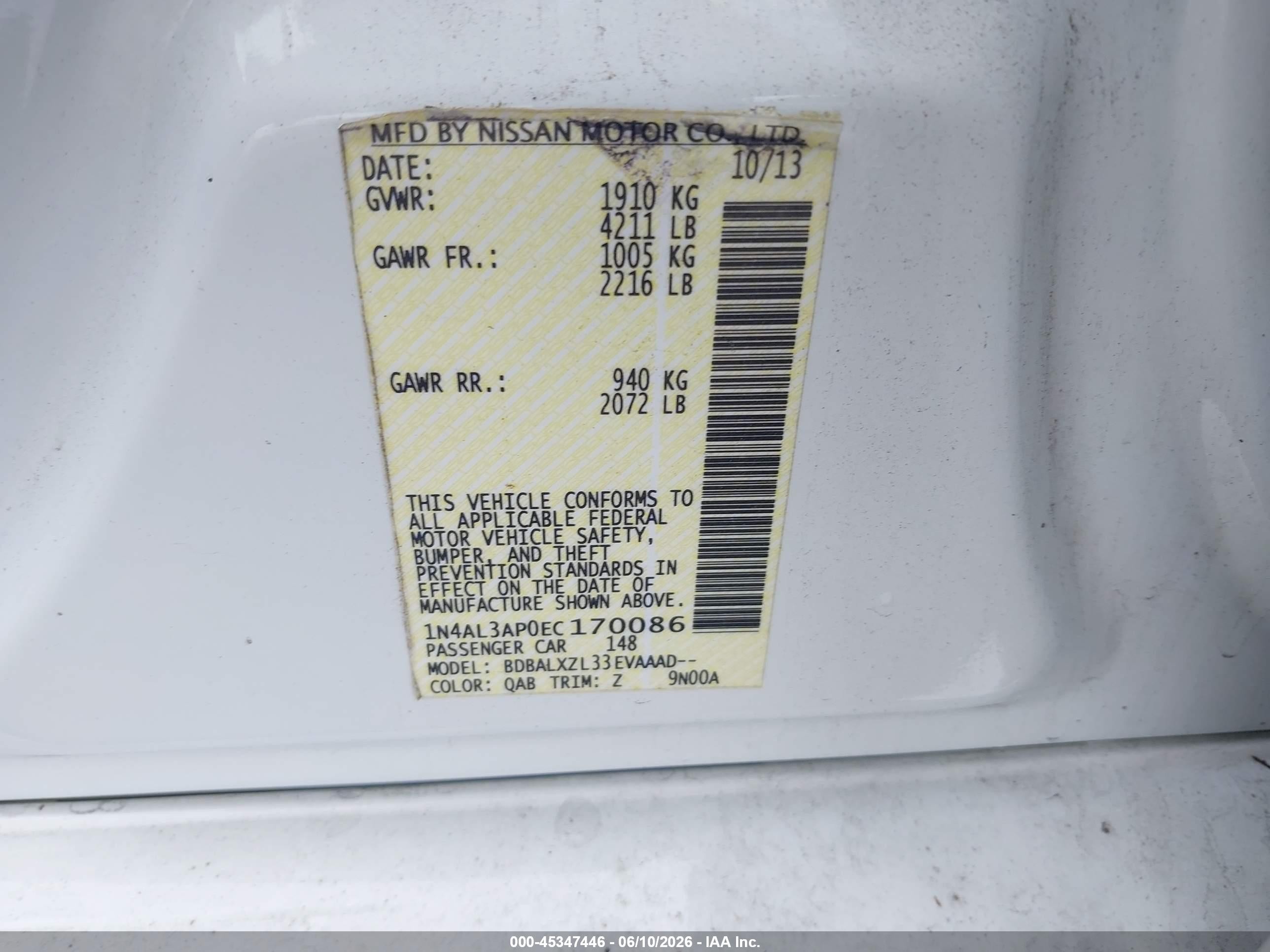 2014 Nissan Altima 2.5 Sl Белый vin: 1N4AL3AP0EC170086