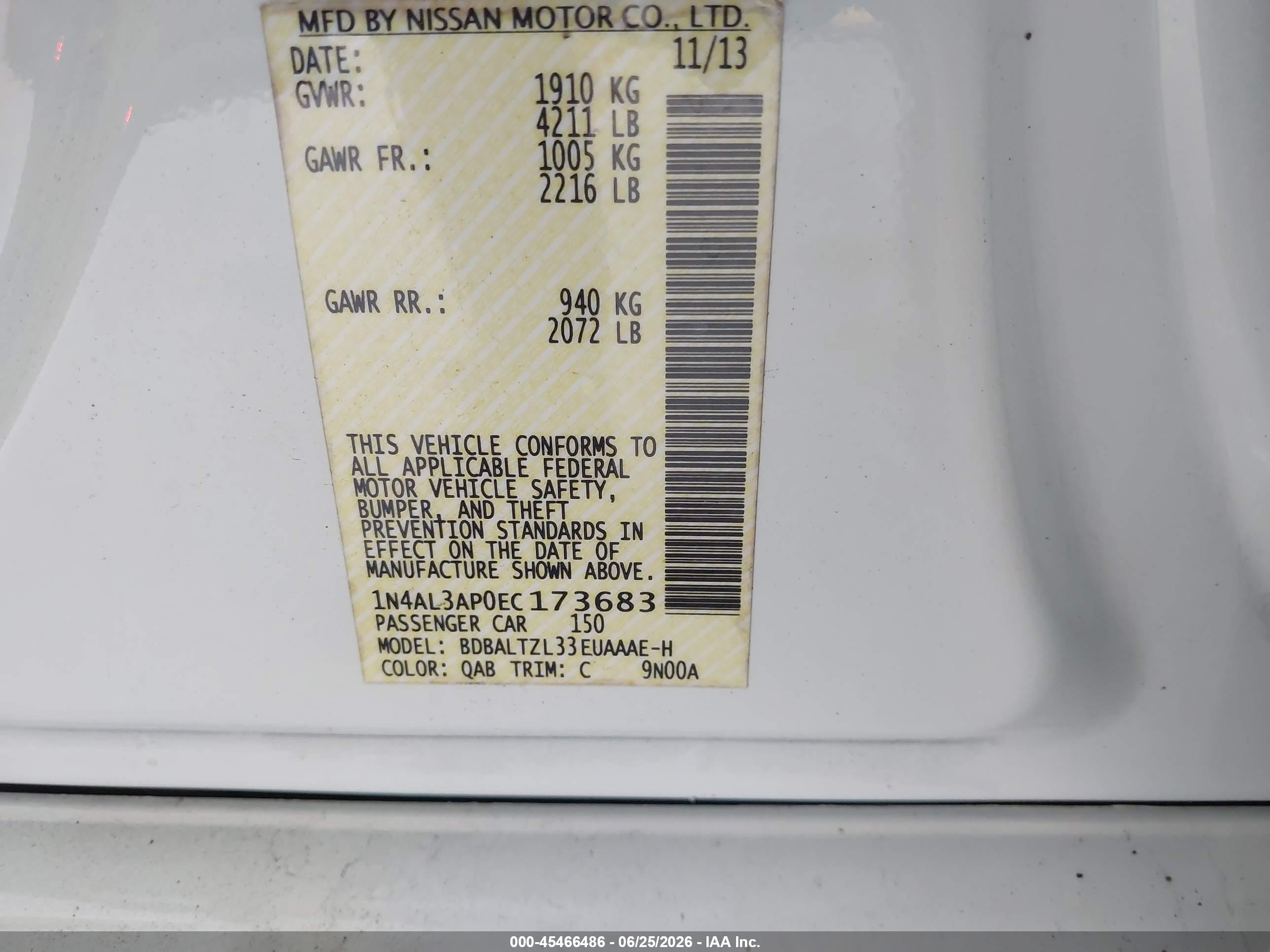 2014 Nissan Altima 2.5 Sv White vin: 1N4AL3AP0EC173683