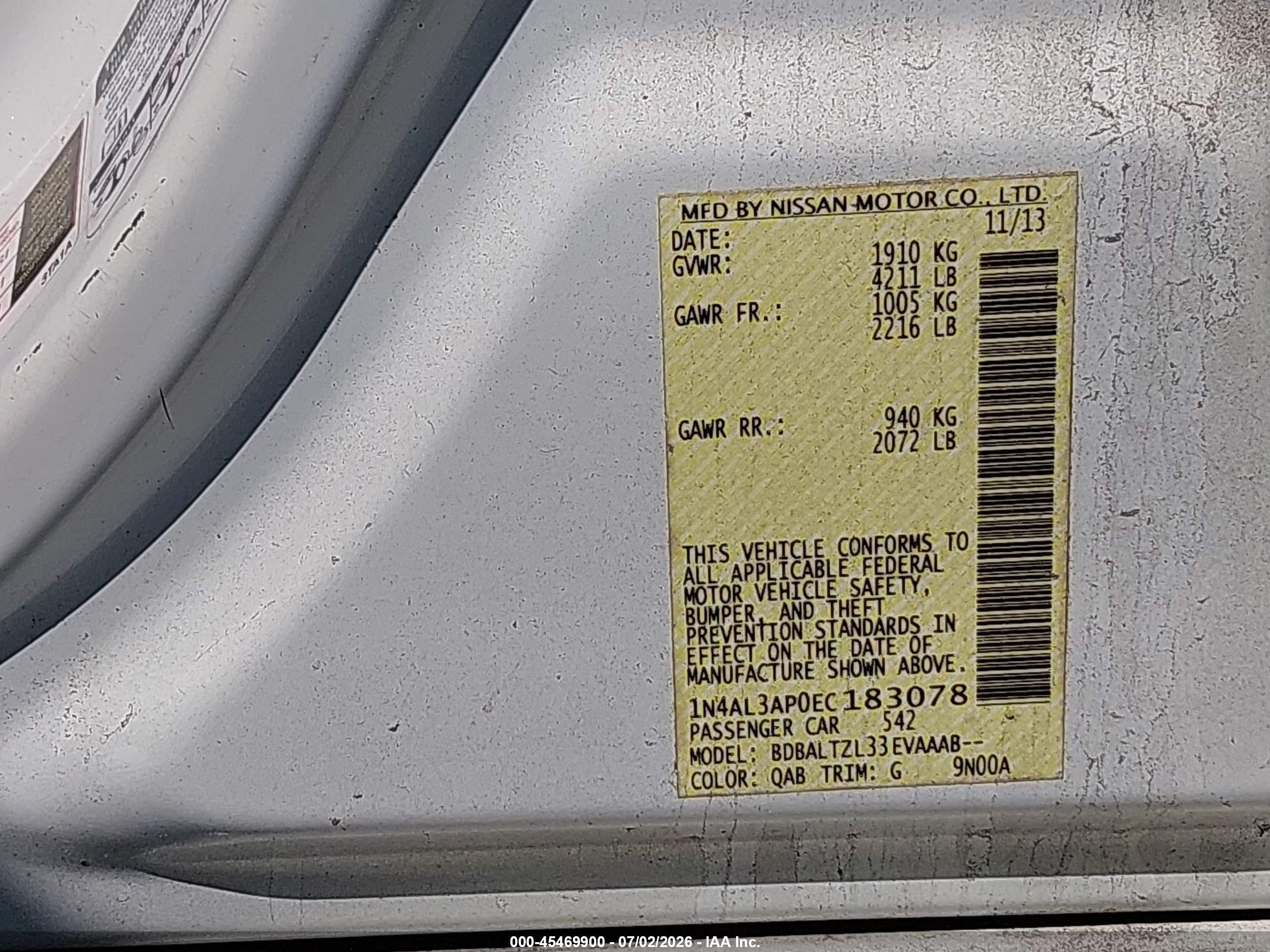2014 Nissan Altima 2.5 Sv White vin: 1N4AL3AP0EC183078