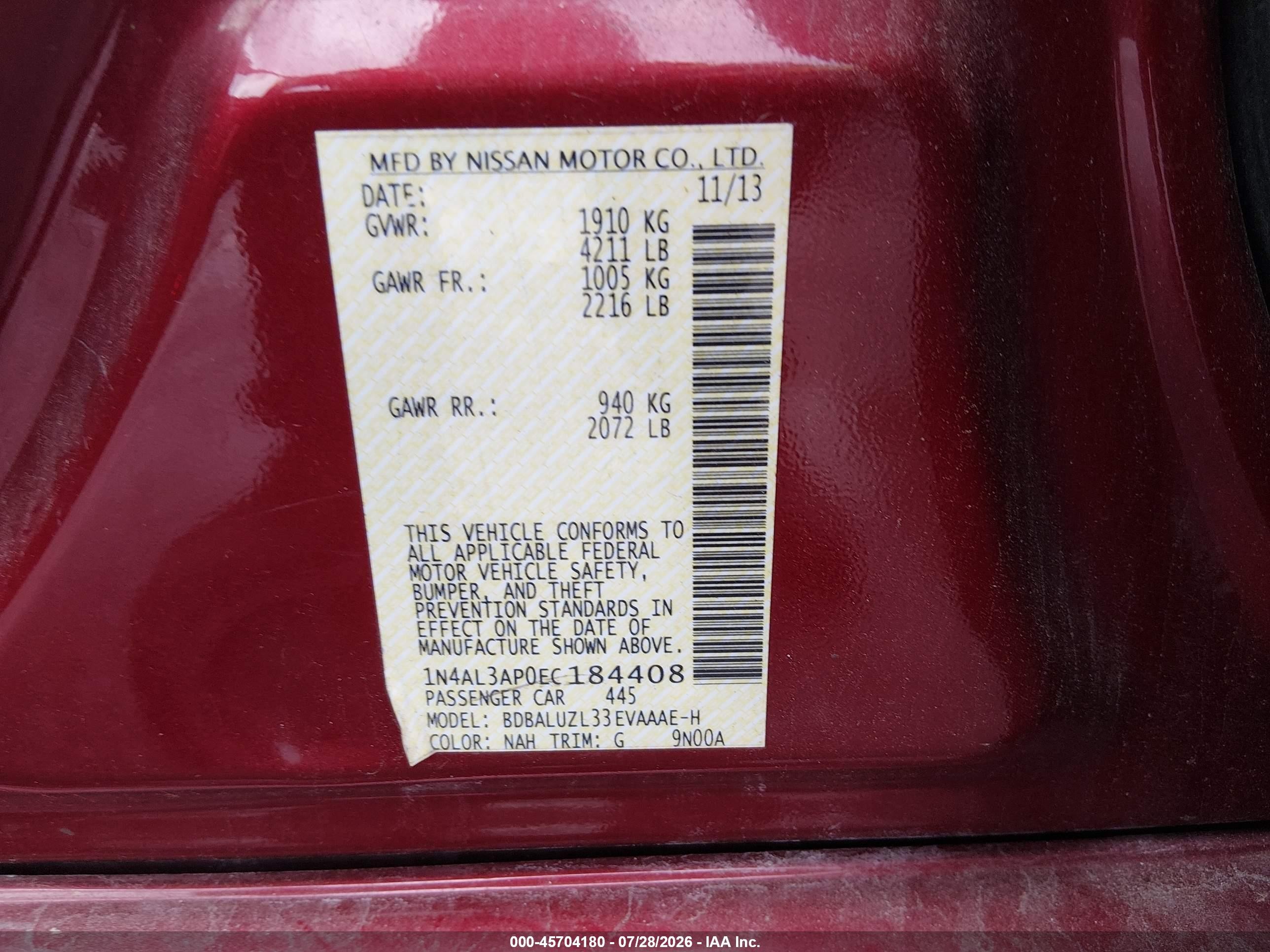 2014 Nissan Altima 2.5 Sv Red vin: 1N4AL3AP0EC184408