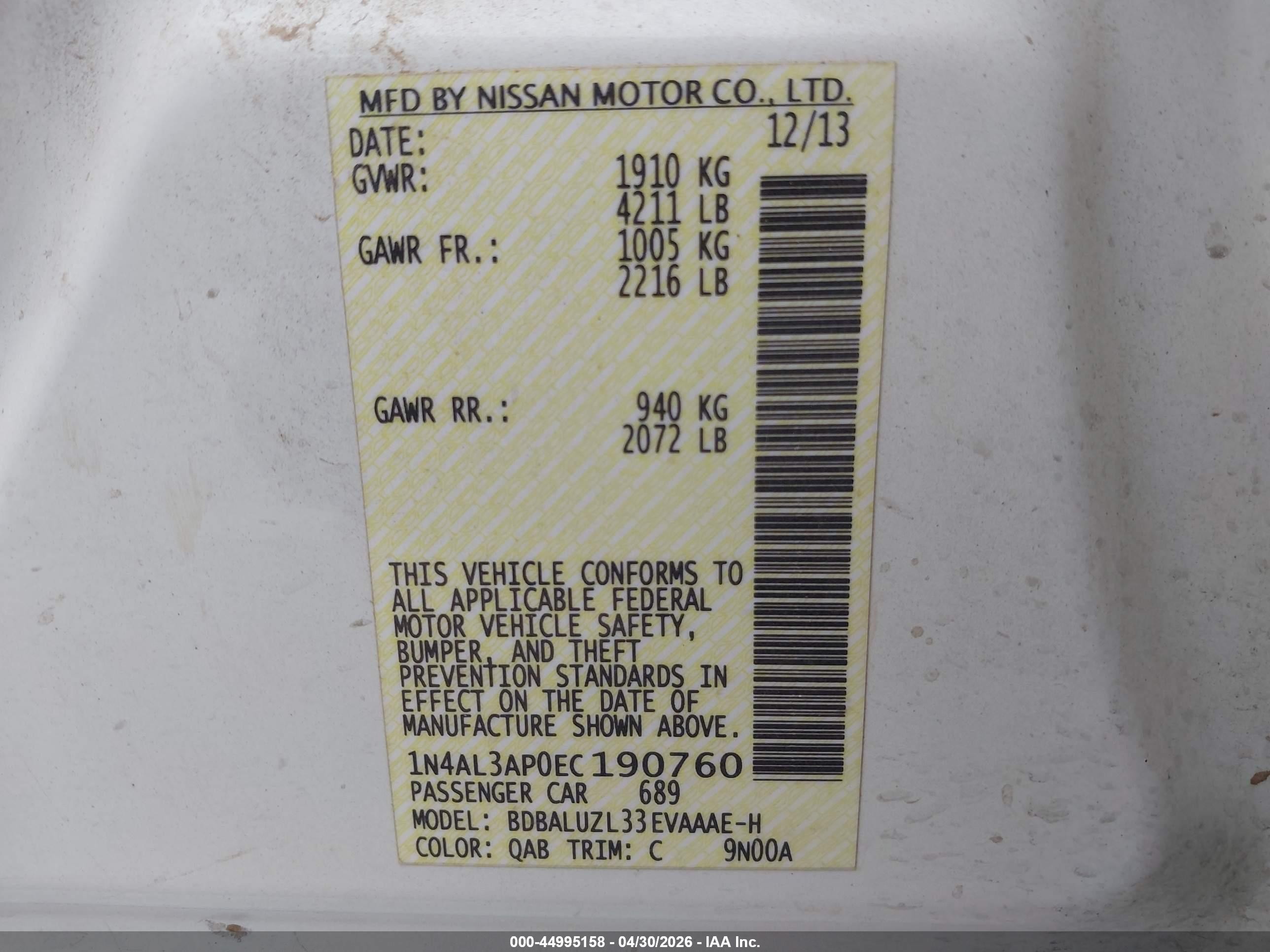 2014 Nissan Altima 2.5 Sv White vin: 1N4AL3AP0EC190760