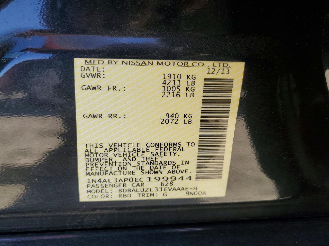 2014 Nissan Altima 2.5 Sv Charcoal vin: 1N4AL3AP0EC199944