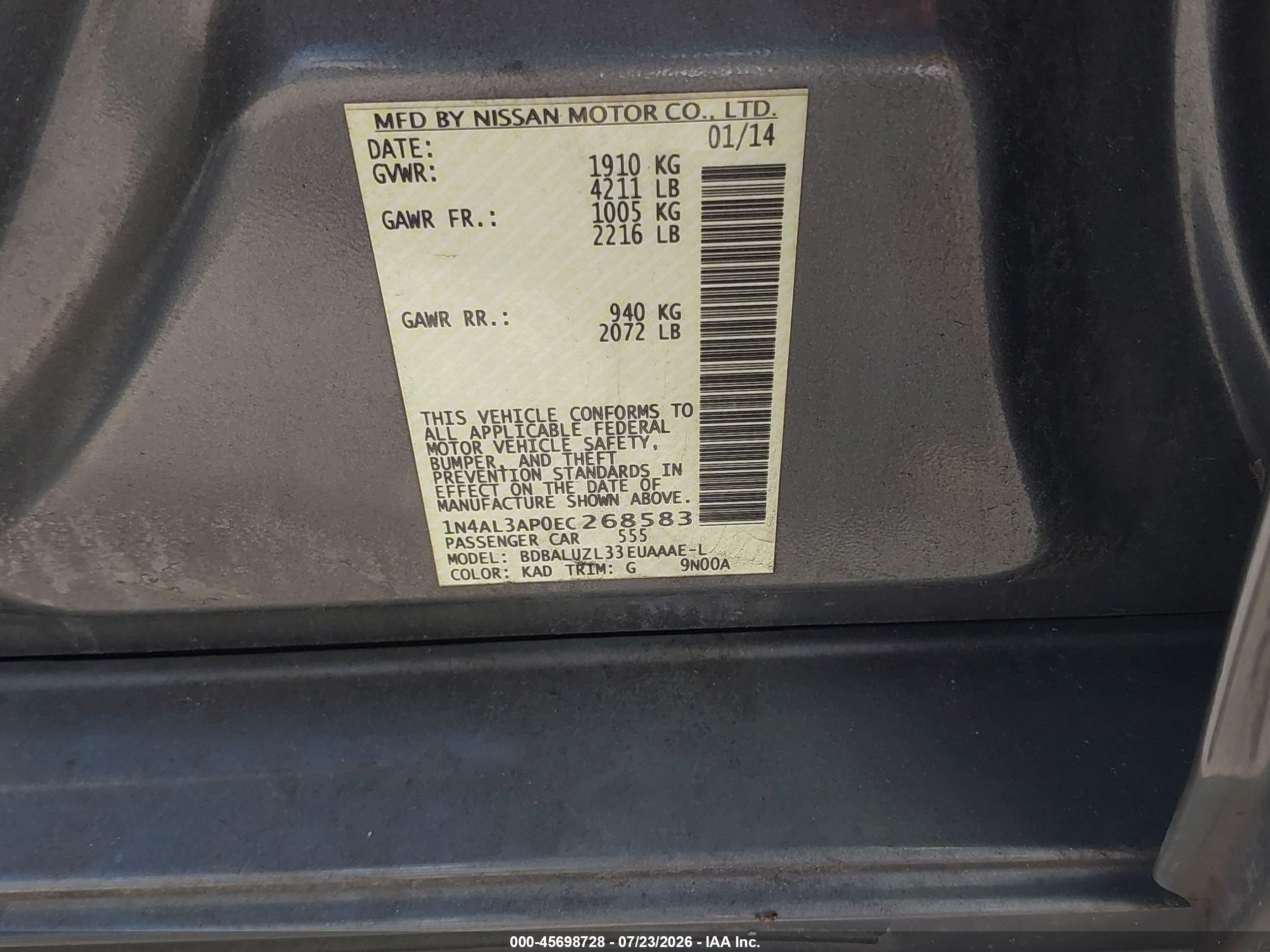2014 Nissan Altima 2.5 Sv Gray vin: 1N4AL3AP0EC268583