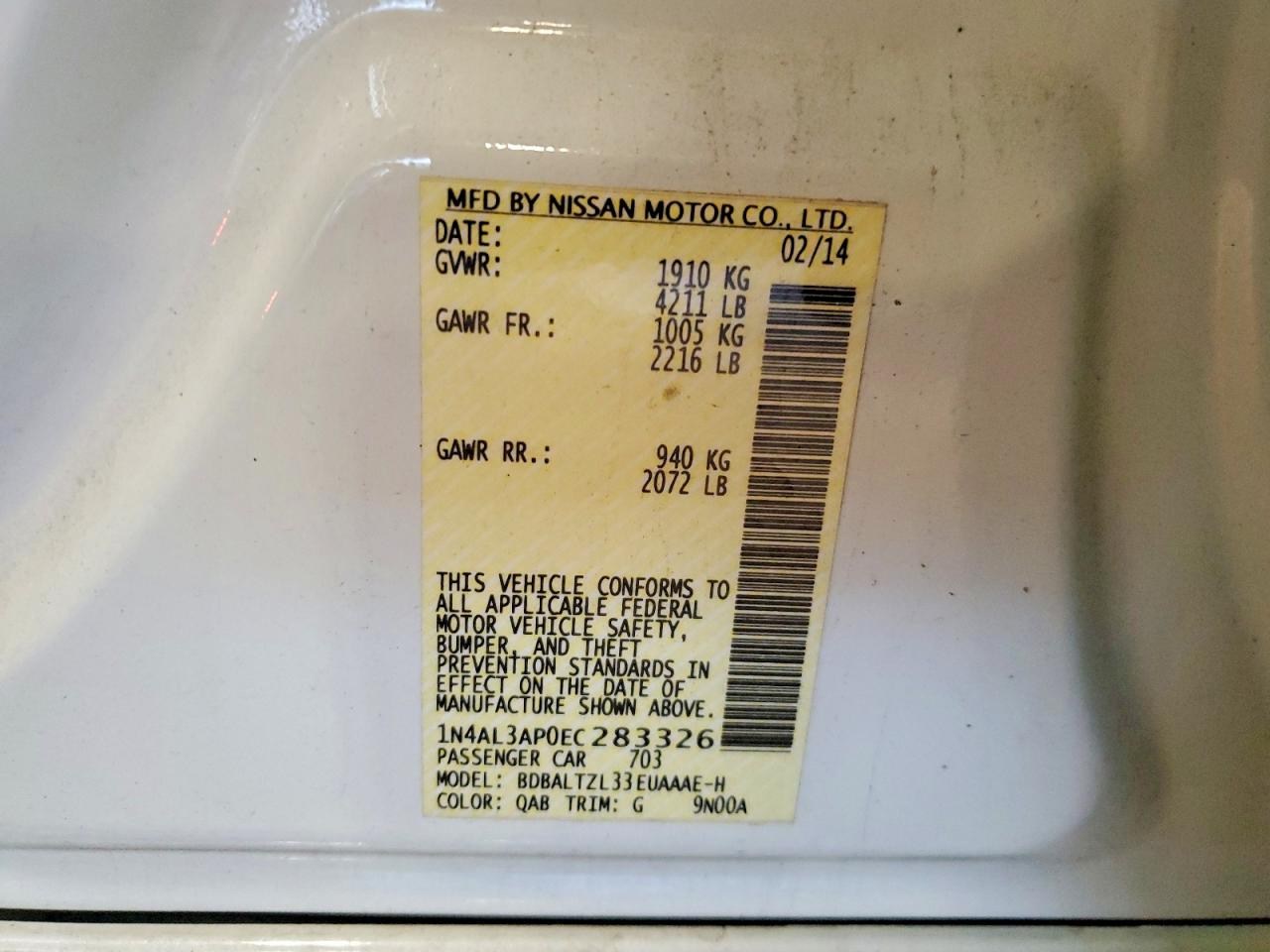 2014 Nissan Altima 2.5 Sv Белый vin: 1N4AL3AP0EC283326