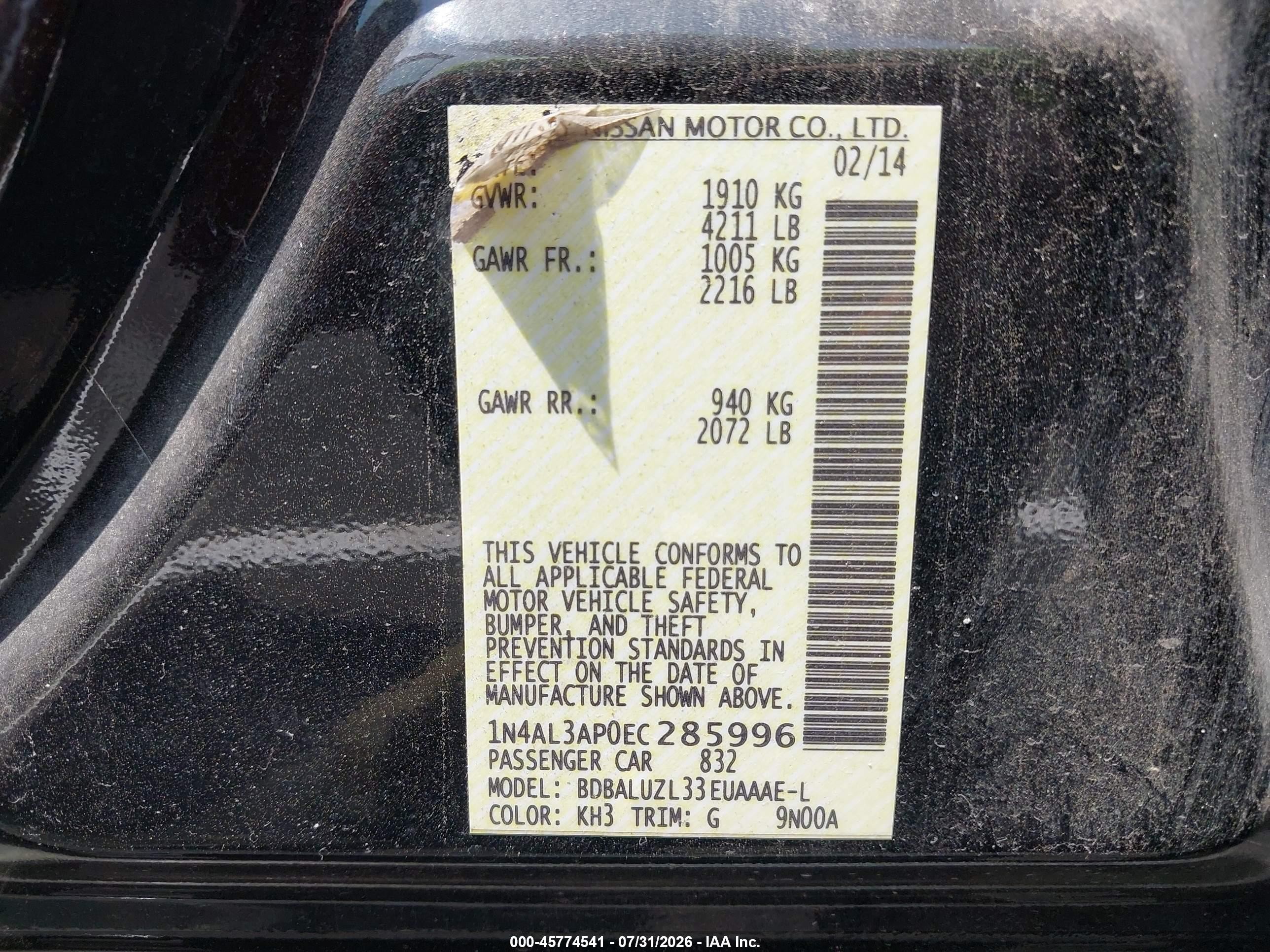 2014 Nissan Altima 2.5 Sv Black vin: 1N4AL3AP0EC285996
