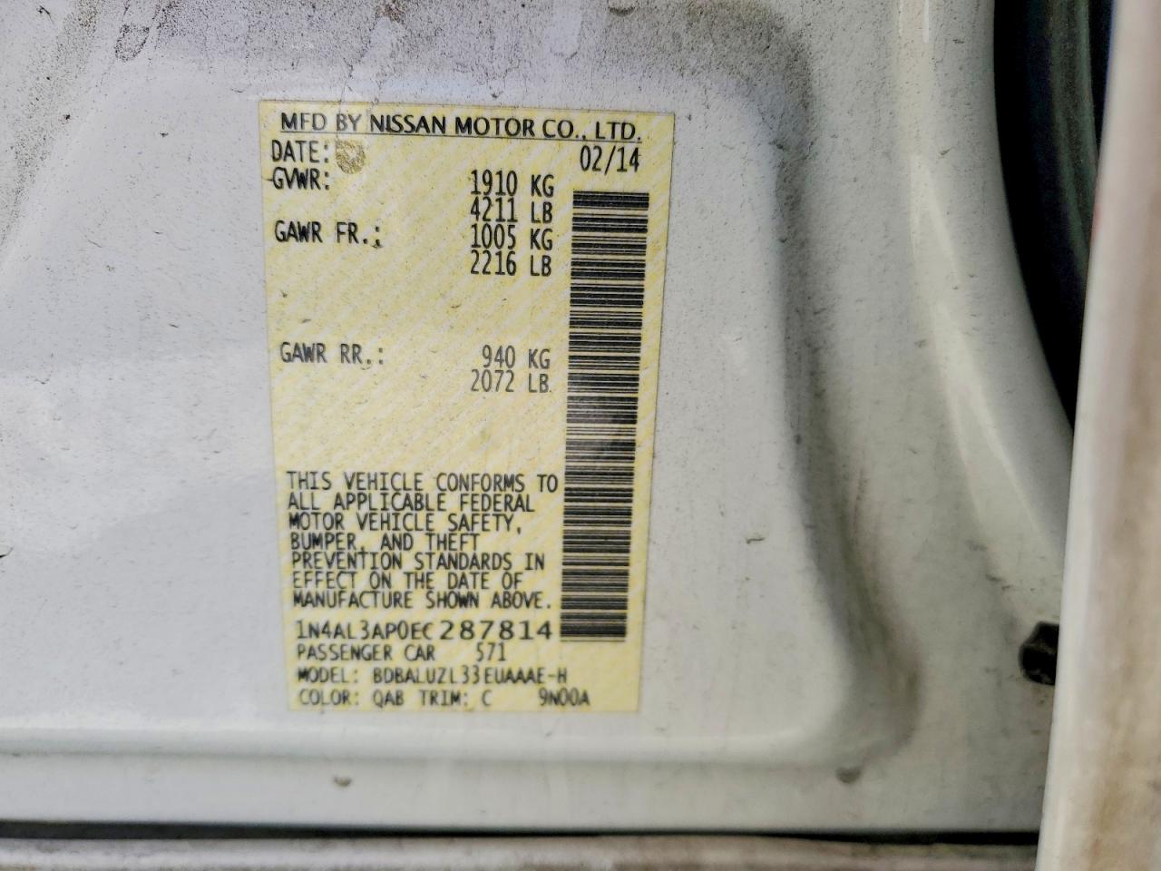 2014 Nissan Altima 2.5 Sv White vin: 1N4AL3AP0EC287814