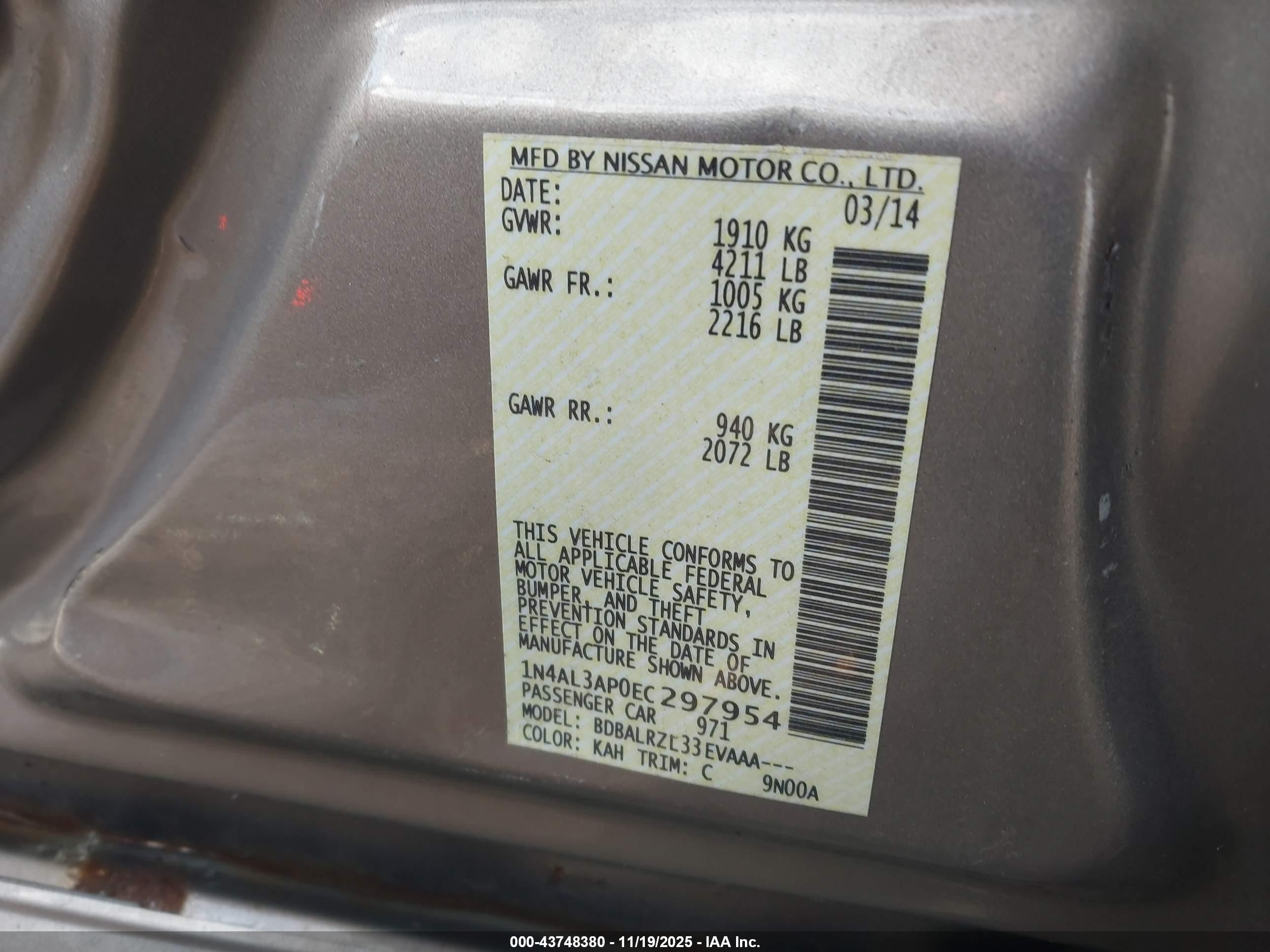 2014 Nissan Altima 2.5/2.5 S/2.5 Sl/2.5 Sv Tan vin: 1N4AL3AP0EC297954