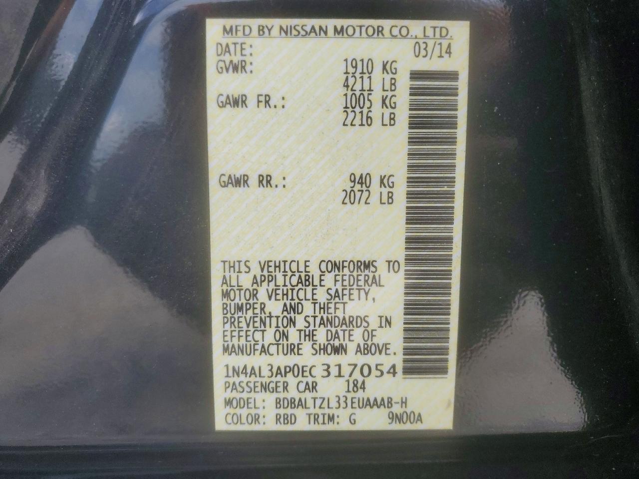 2014 Nissan Altima 2.5 Sv Charcoal vin: 1N4AL3AP0EC317054