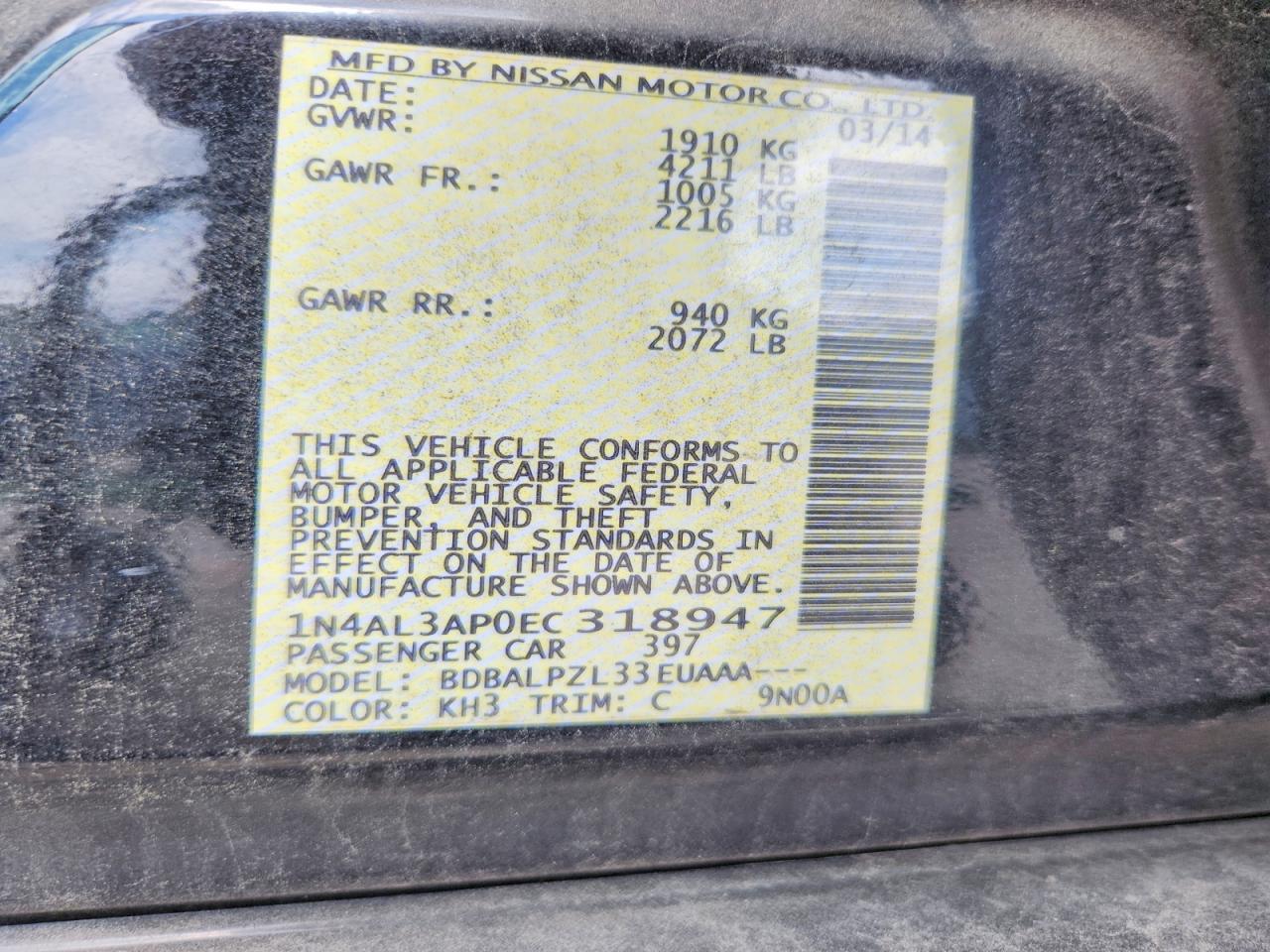 2014 Nissan Altima 2.5 Black vin: 1N4AL3AP0EC318947