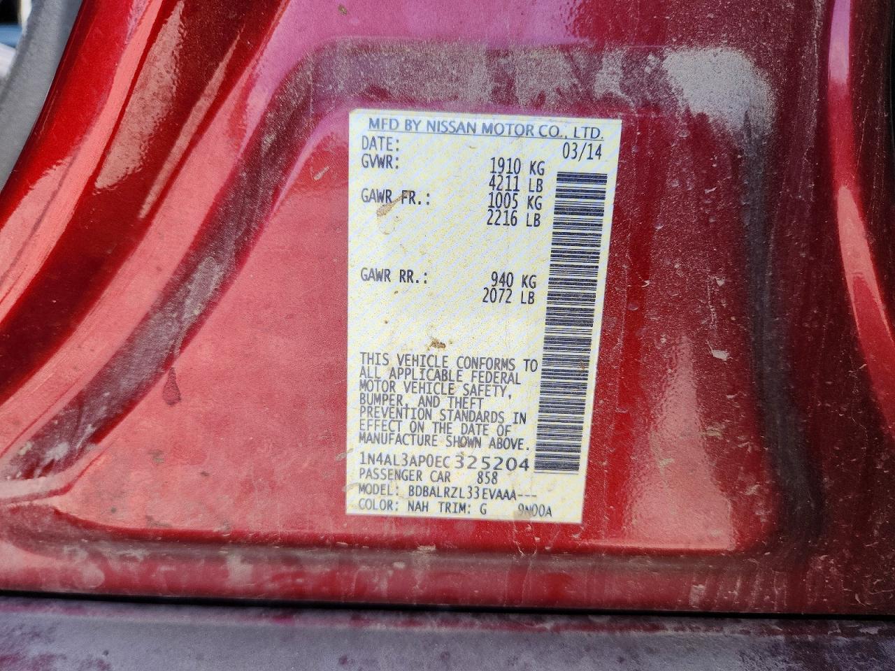 2014 Nissan Altima 2.5 S Red vin: 1N4AL3AP0EC325204