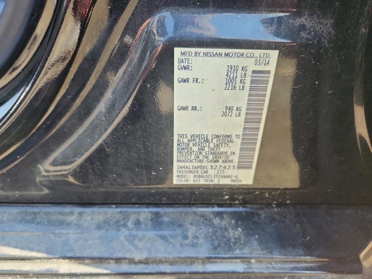 2014 Nissan Altima 2.5 Sl Black vin: 1N4AL3AP0EC327423