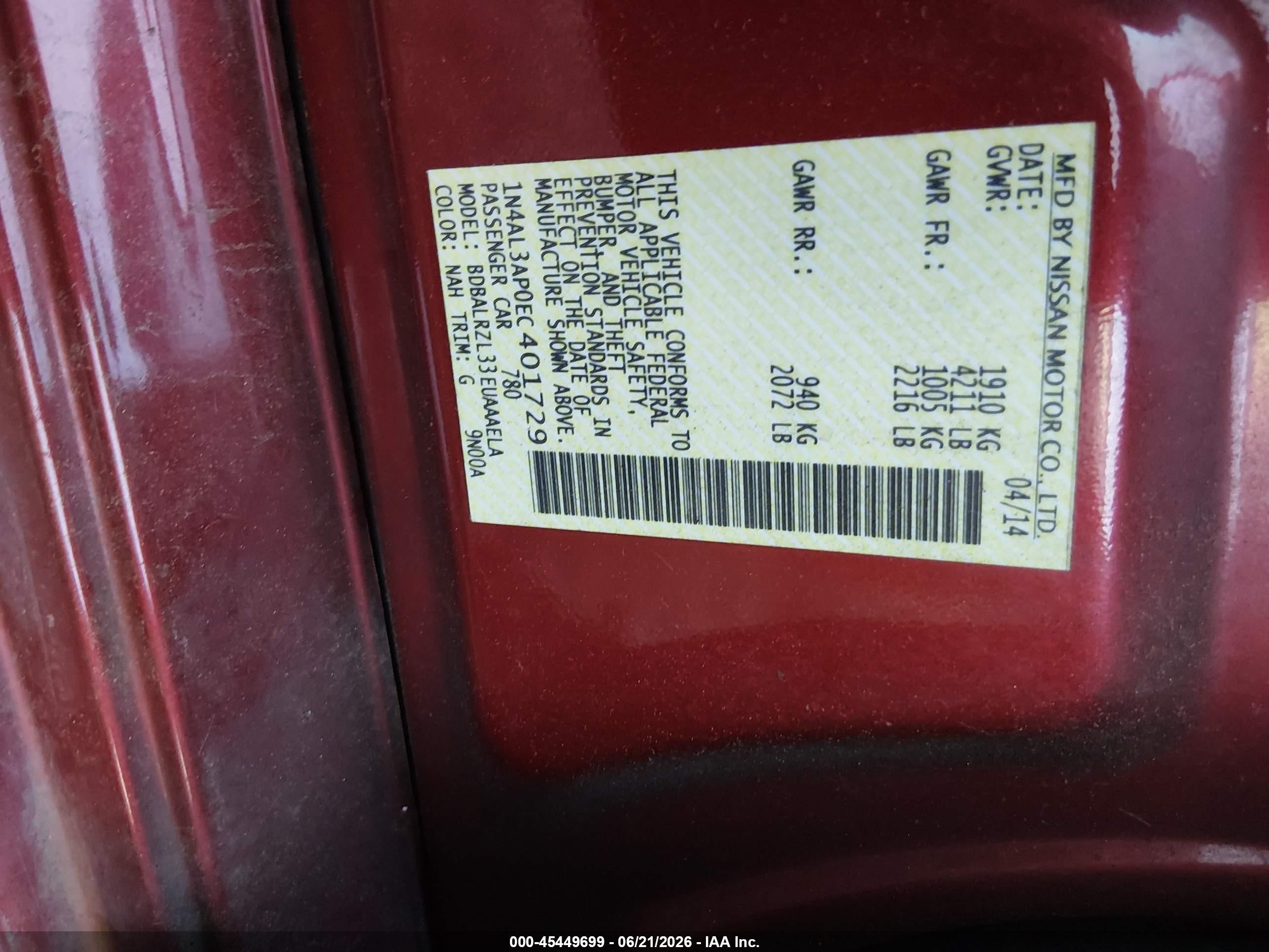 2014 Nissan Altima 2.5/2.5 S/2.5 Sl/2.5 Sv Red vin: 1N4AL3AP0EC401729