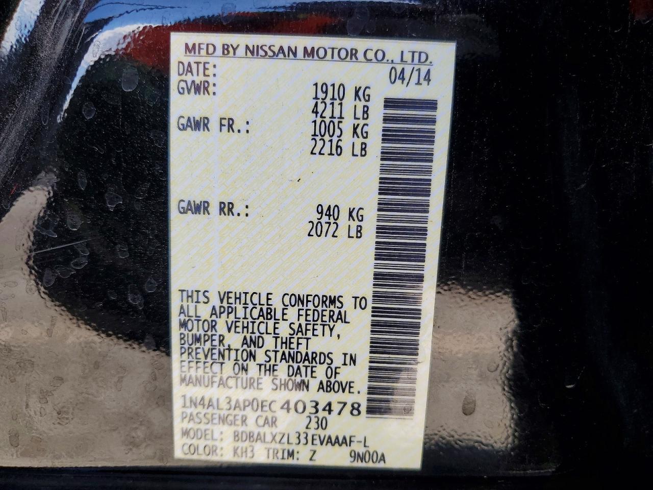 2014 Nissan Altima 2.5 Sl Black vin: 1N4AL3AP0EC403478