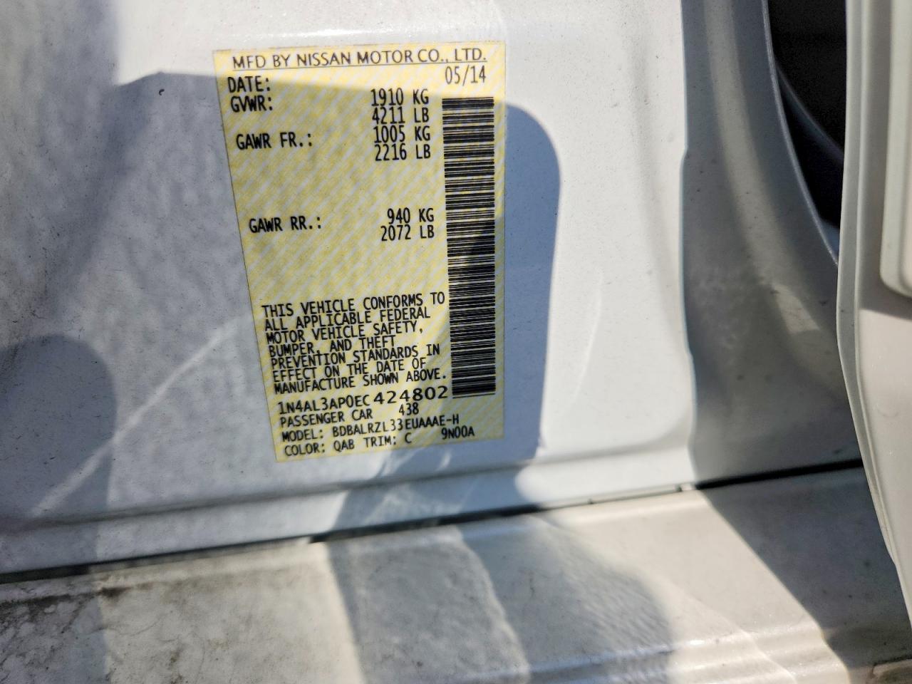2014 Nissan Altima 2.5 S White vin: 1N4AL3AP0EC424802