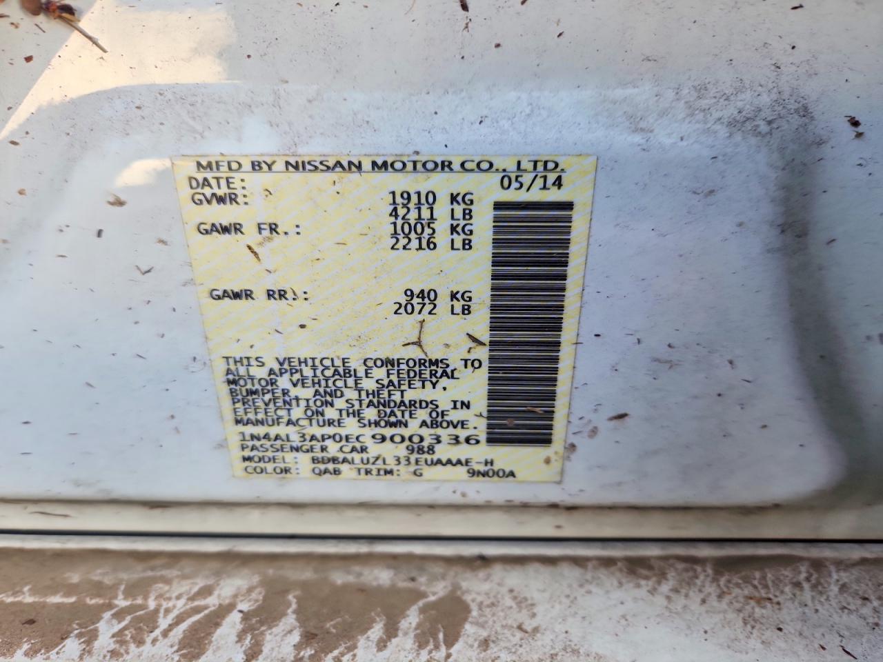 2014 Nissan Altima Sv White vin: 1N4AL3AP0EC900336