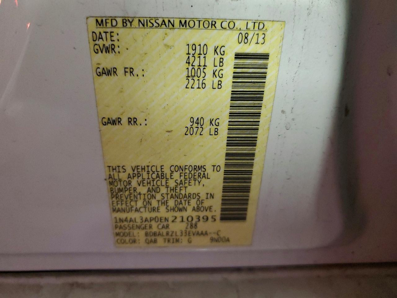 2014 Nissan Altima 2.5 S White vin: 1N4AL3AP0EN210395