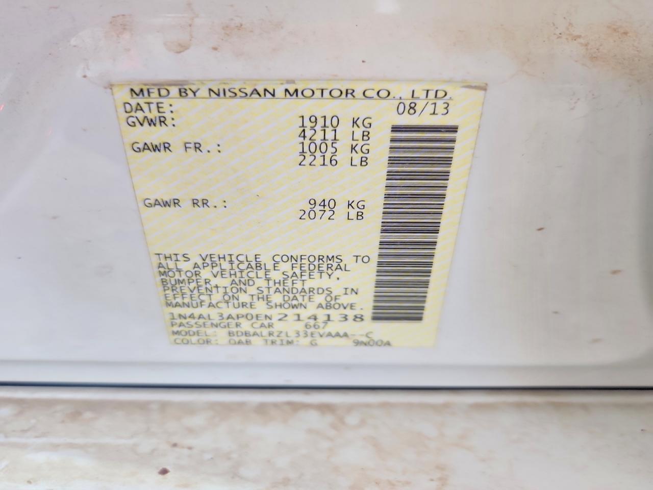 2014 Nissan Altima White vin: 1N4AL3AP0EN214138