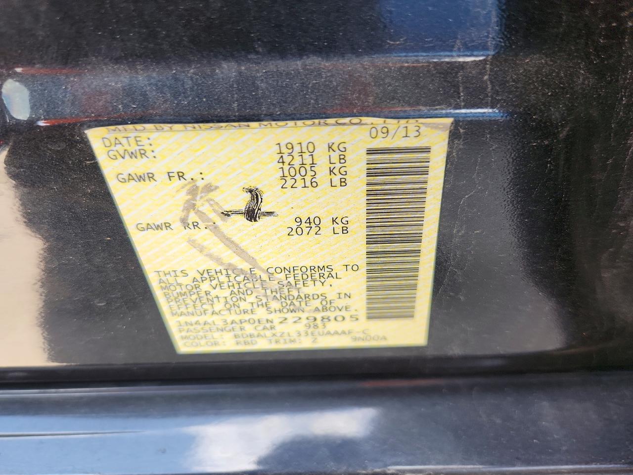 2014 Nissan Altima 2.5 Sl Black vin: 1N4AL3AP0EN229805