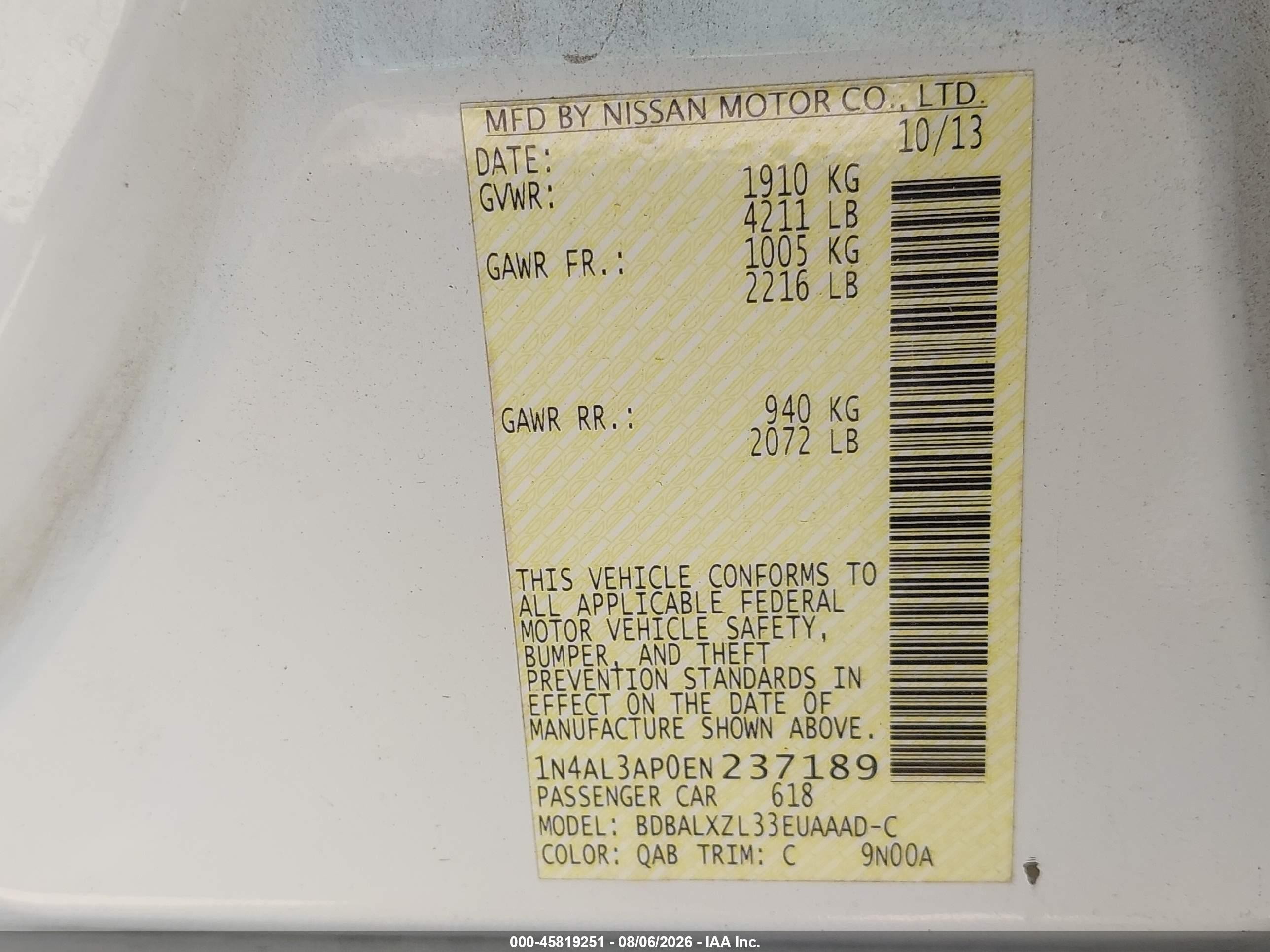 2014 Nissan Altima 2.5 Sl White vin: 1N4AL3AP0EN237189