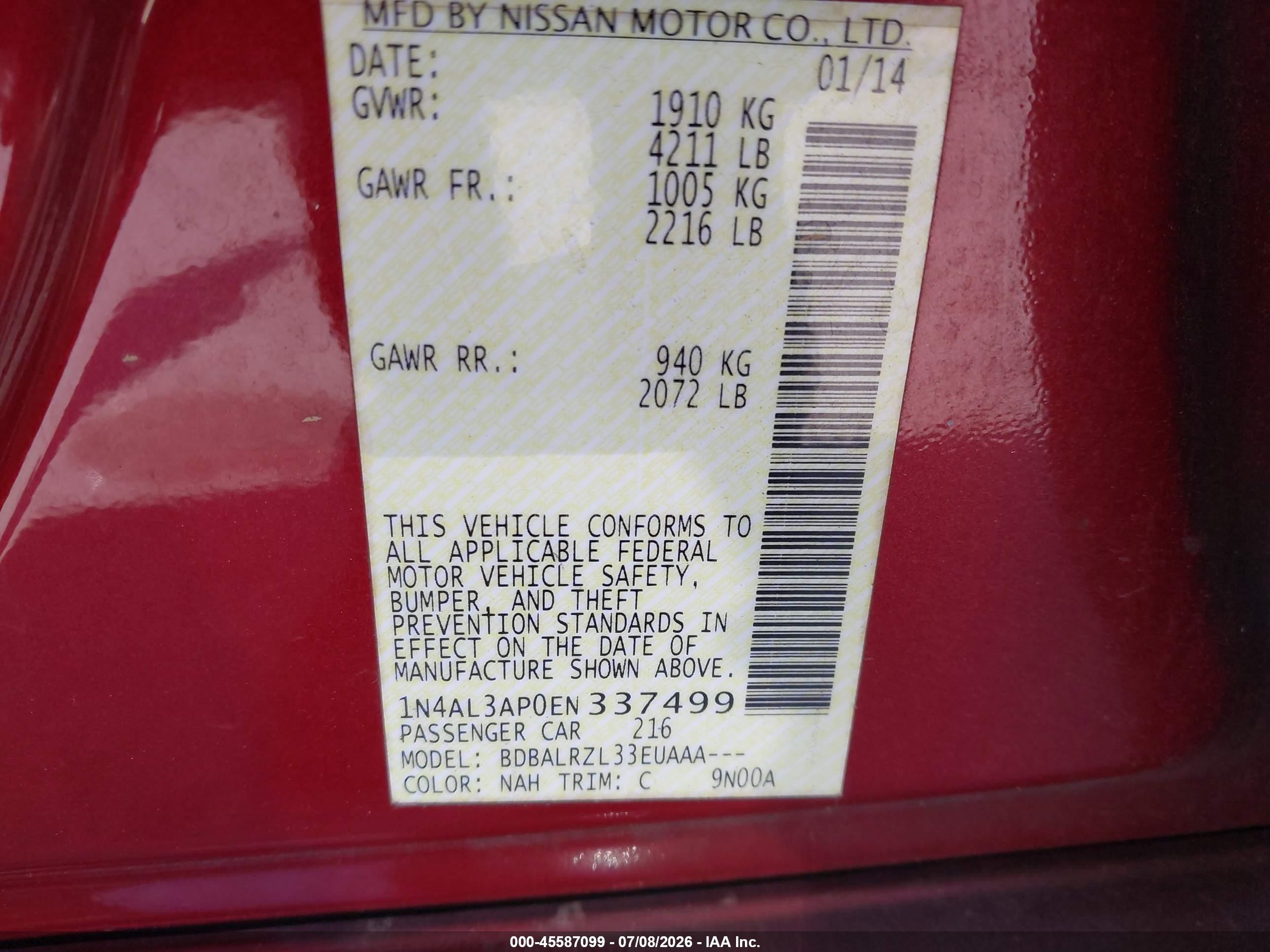 2014 Nissan Altima 2.5/2.5 S/2.5 Sl/2.5 Sv Красный vin: 1N4AL3AP0EN337499