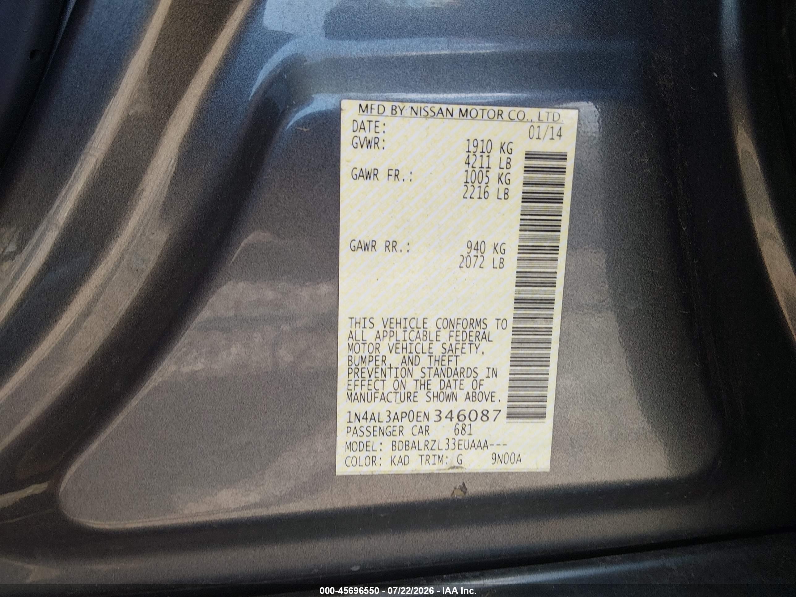 2014 Nissan Altima 2.5/2.5 S/2.5 Sl/2.5 Sv Gray vin: 1N4AL3AP0EN346087