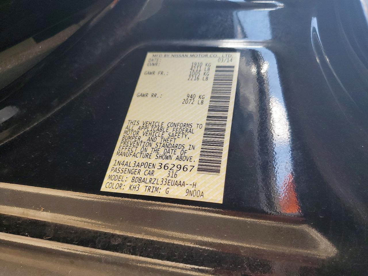 2014 Nissan Altima 2.5 S Black vin: 1N4AL3AP0EN362967
