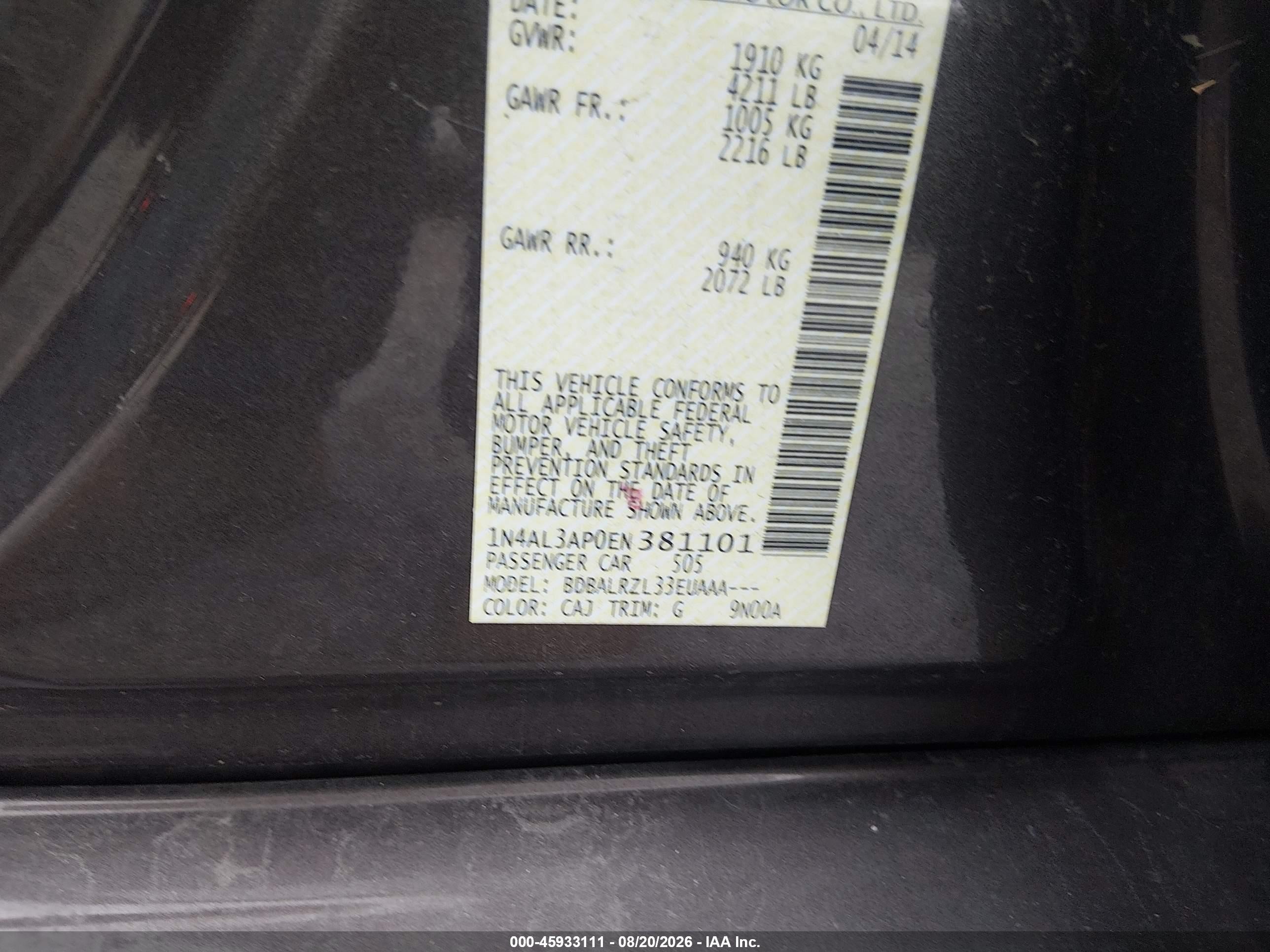 2014 Nissan Altima 2.5/2.5 S/2.5 Sl/2.5 Sv Tan vin: 1N4AL3AP0EN381101