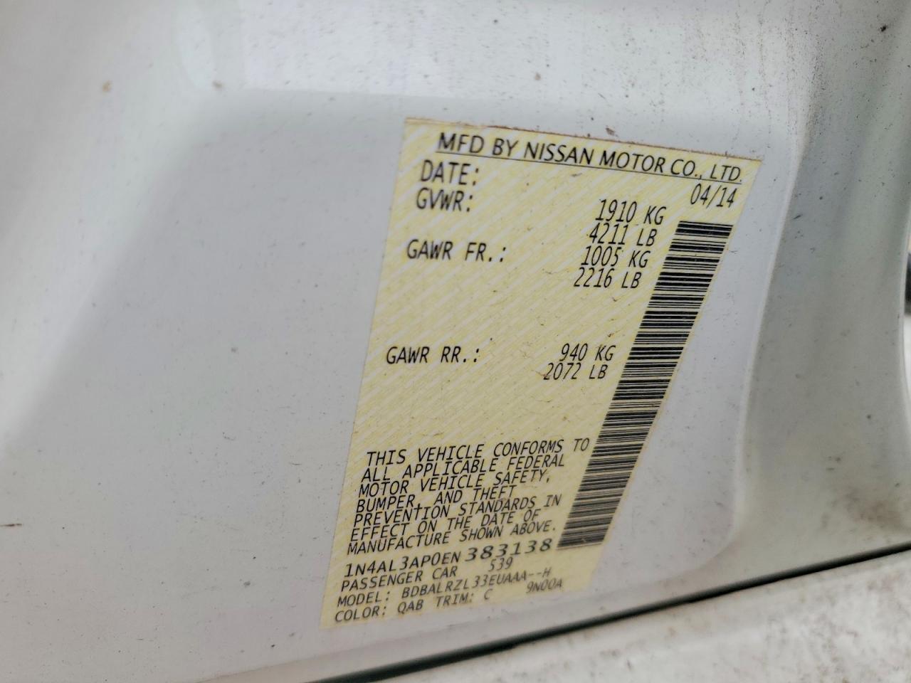 2014 Nissan Altima 2.5 S Белый vin: 1N4AL3AP0EN383138