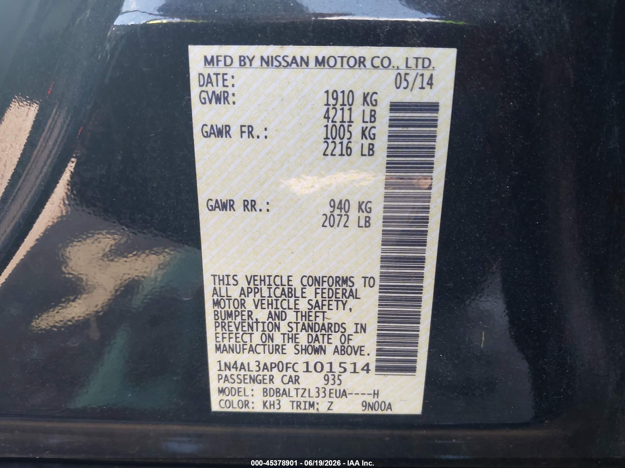 2015 Nissan Altima 2.5 Sl Black vin: 1N4AL3AP0FC101514