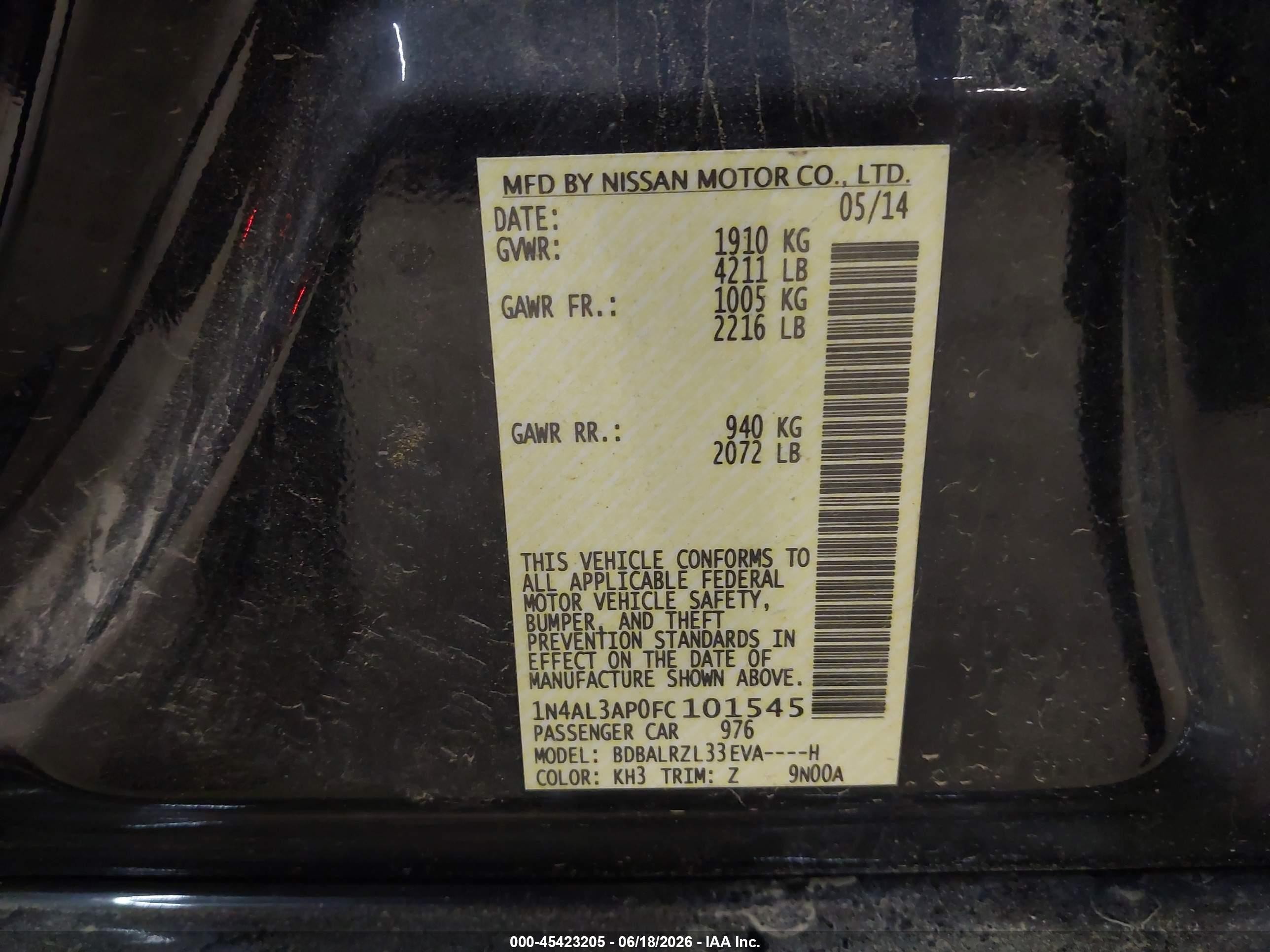 2015 Nissan Altima 2.5 Sl Black vin: 1N4AL3AP0FC101545