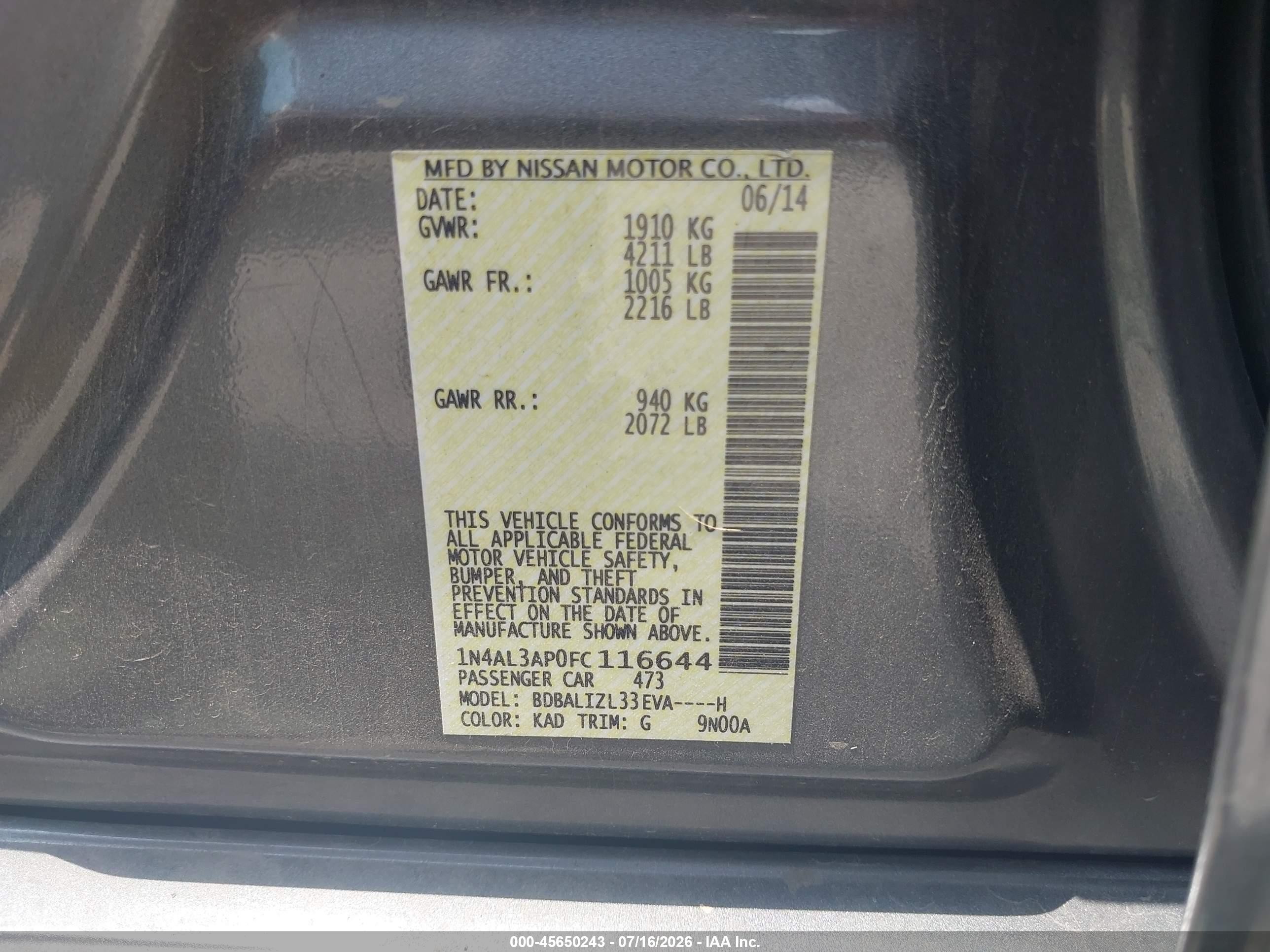 2015 Nissan Altima 2.5 Sv Gray vin: 1N4AL3AP0FC116644
