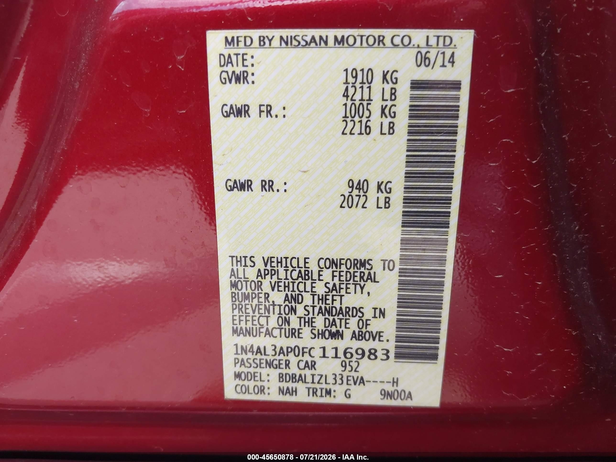 2015 Nissan Altima 2.5 Sv Red vin: 1N4AL3AP0FC116983