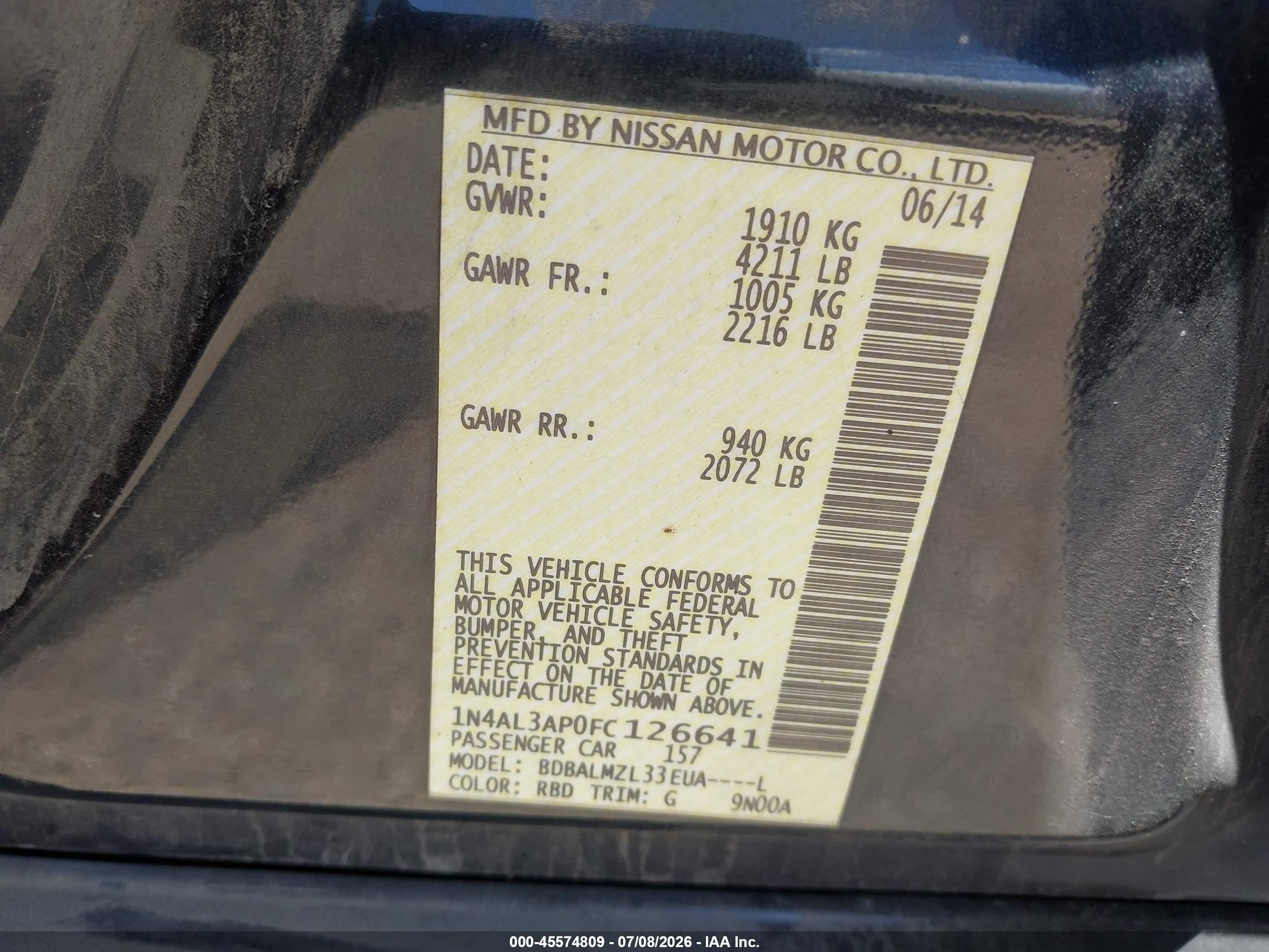 2015 Nissan Altima 2.5 Sv Black vin: 1N4AL3AP0FC126641