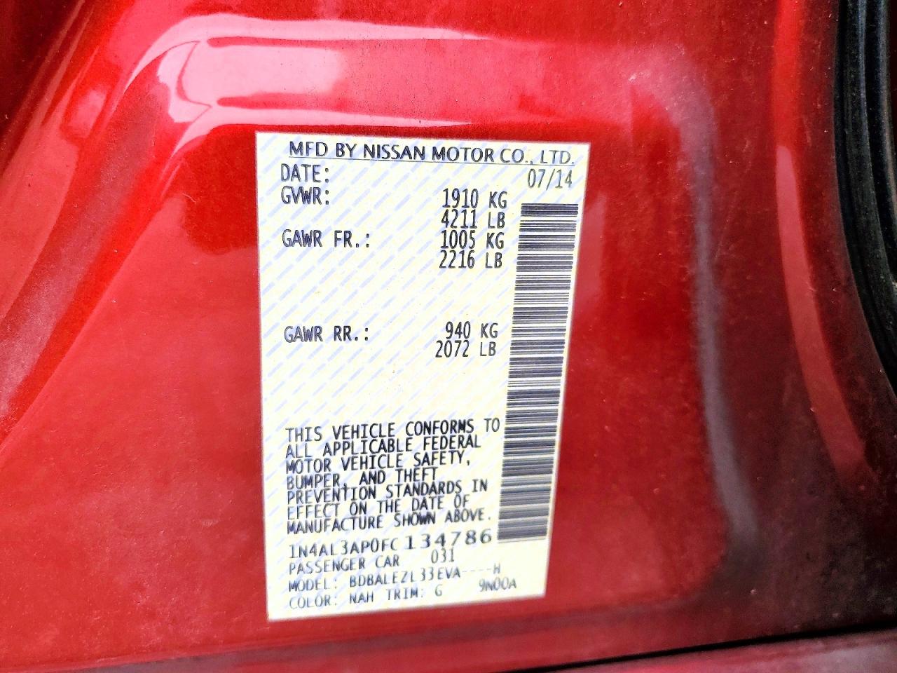 2015 Nissan Altima 2.5 S Red vin: 1N4AL3AP0FC134786