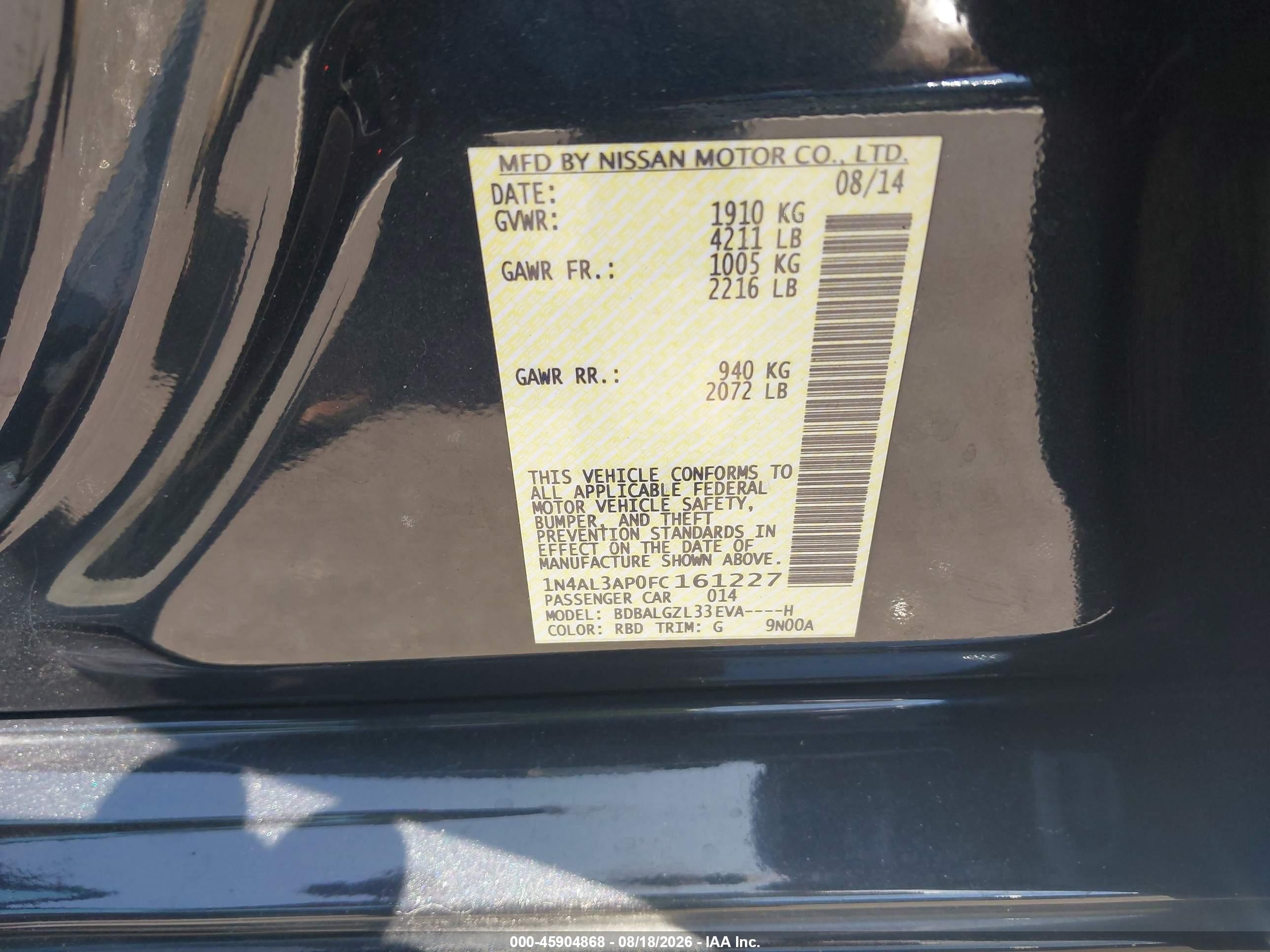 2015 Nissan Altima 2.5 S Black vin: 1N4AL3AP0FC161227