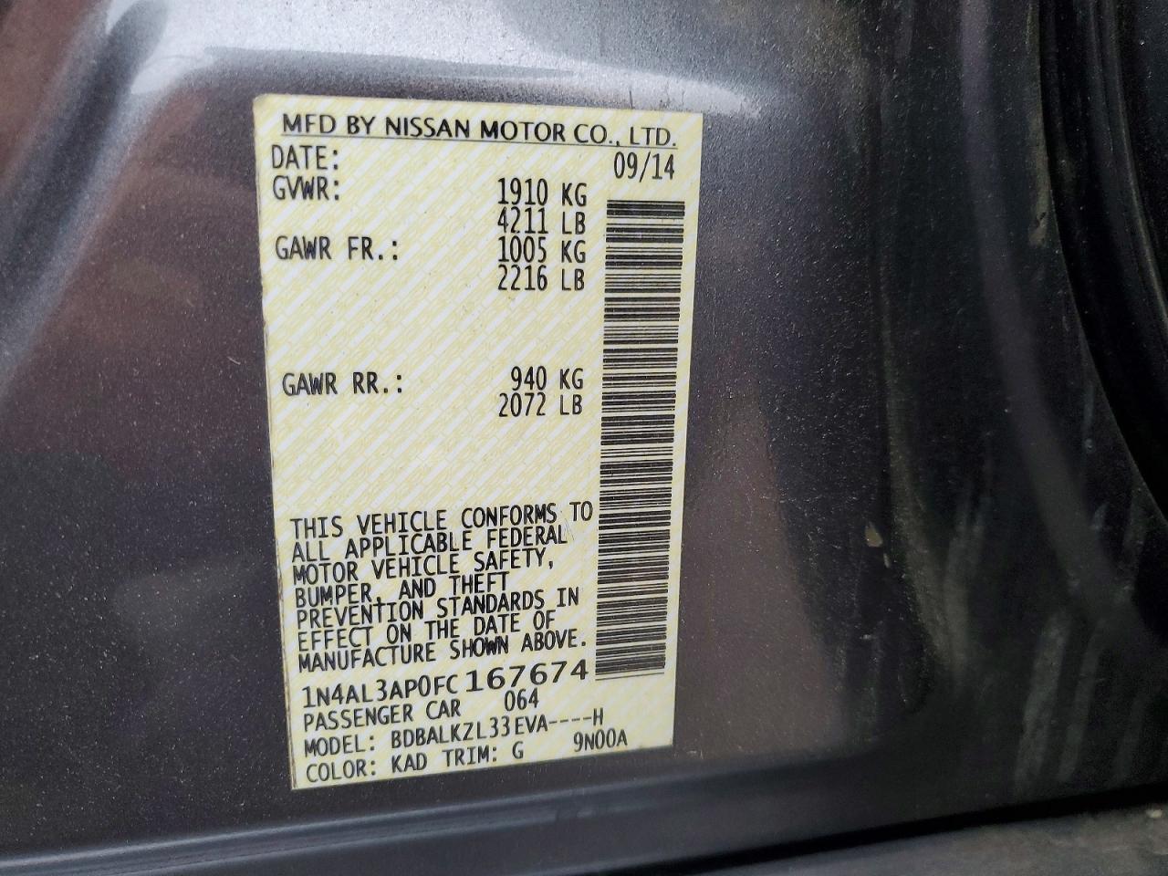 2015 Nissan Altima 2.5 Sv Gray vin: 1N4AL3AP0FC167674