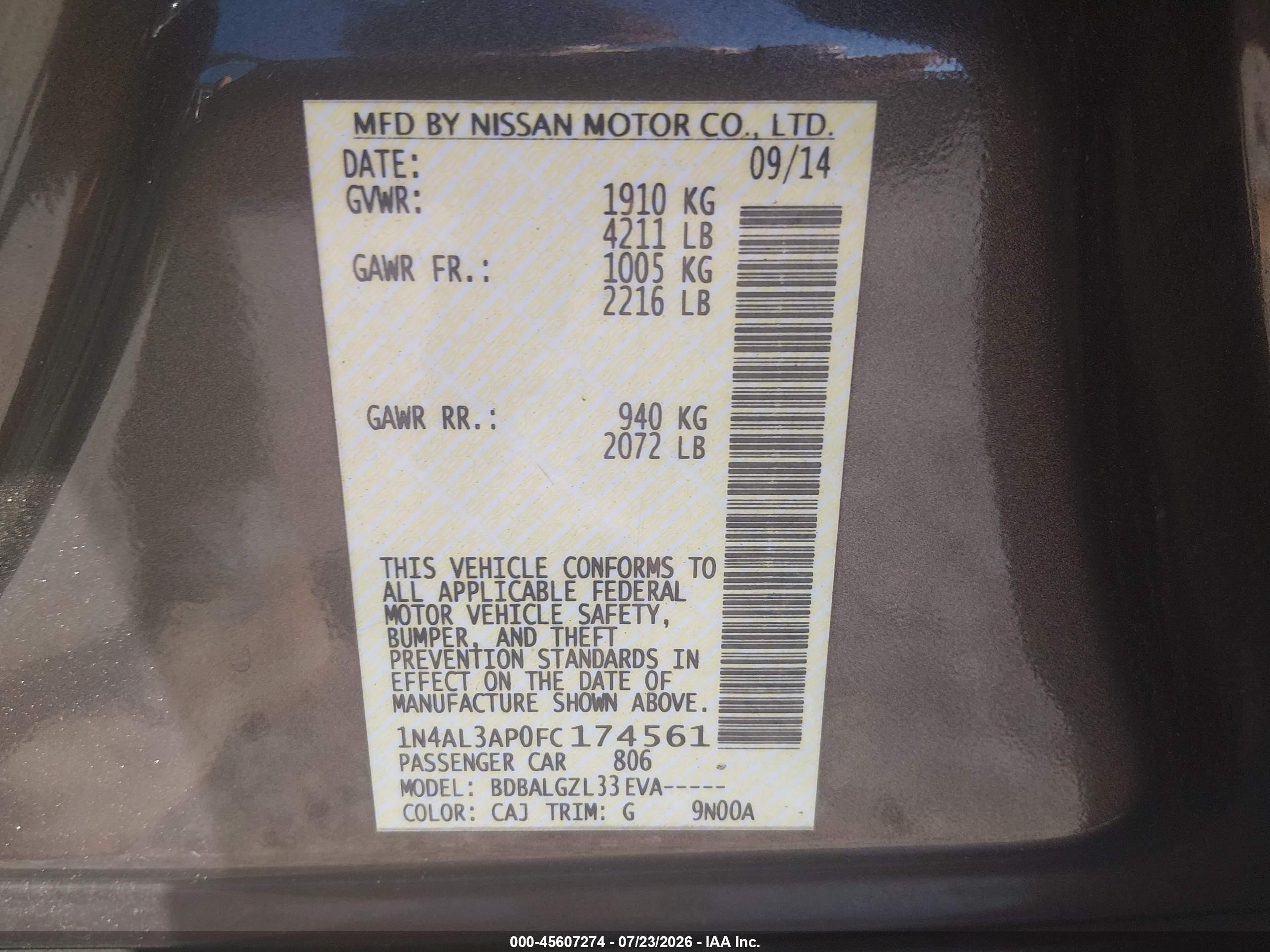 2015 Nissan Altima 2.5/2.5 S/2.5 Sl/2.5 Sv Beige vin: 1N4AL3AP0FC174561
