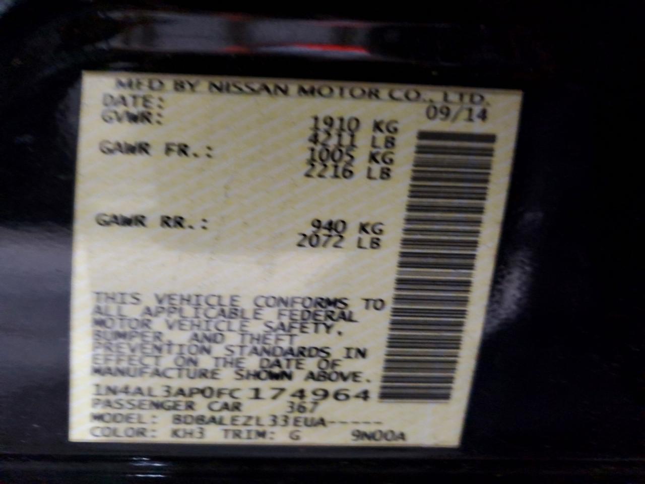 2015 Nissan Altima 2.5 S Black vin: 1N4AL3AP0FC174964