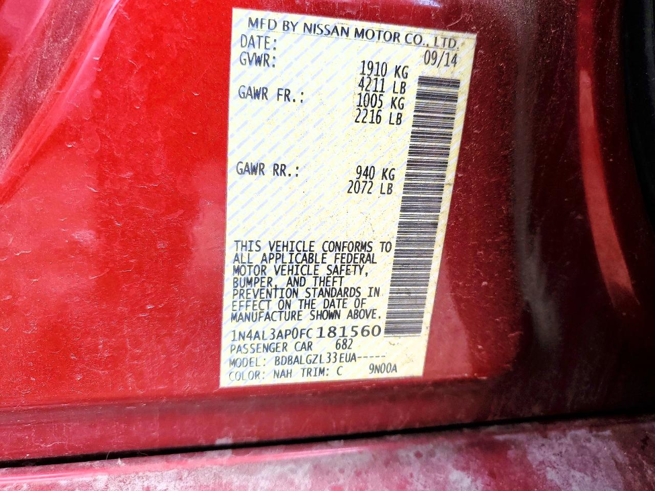 2015 Nissan Altima 2.5 S Red vin: 1N4AL3AP0FC181560