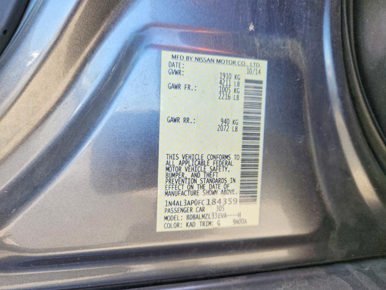 2015 Nissan Altima 2.5 Sv Gray vin: 1N4AL3AP0FC184359